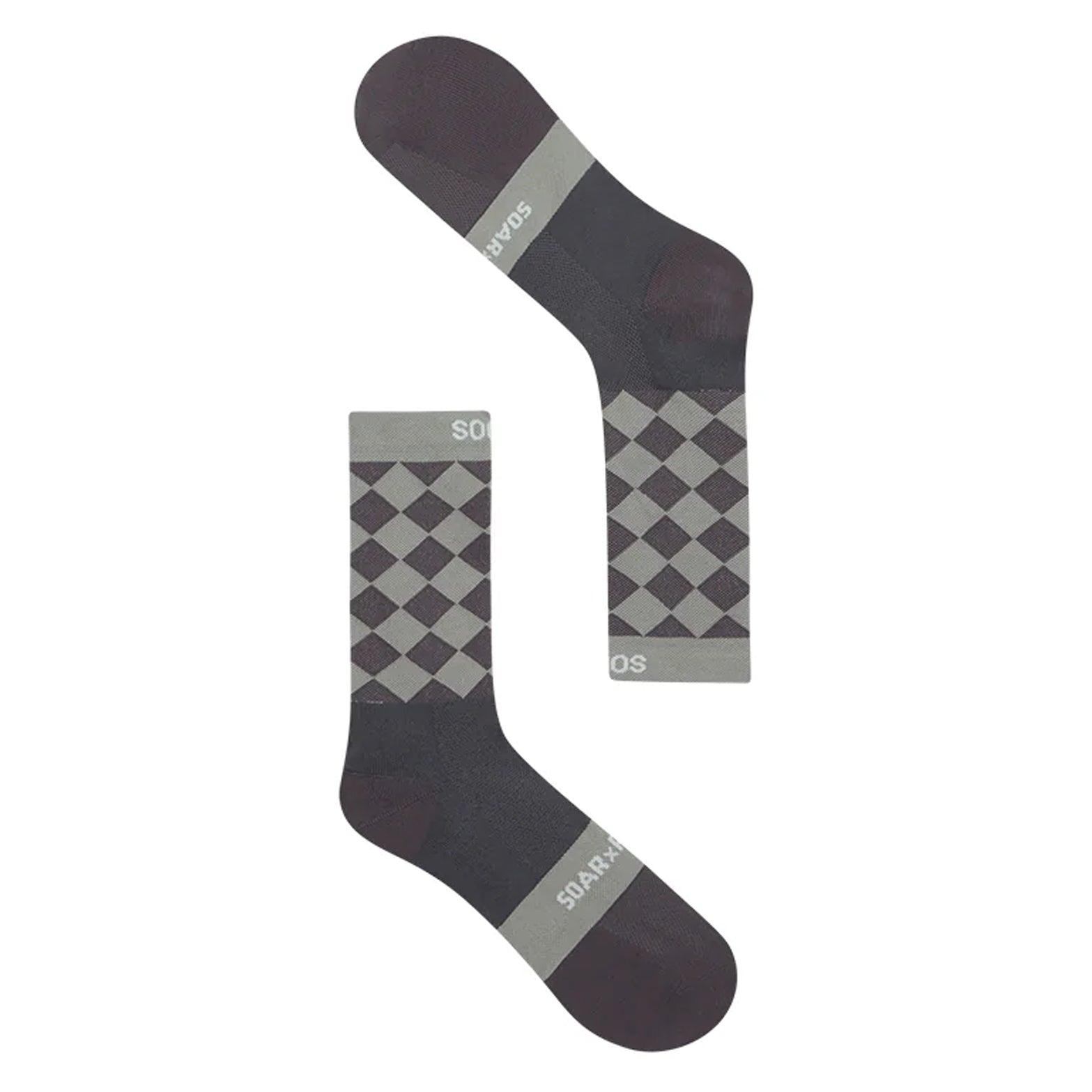 Soar Diamond Crew Socks Dark Grey Warm Grey pair view showing mid-calf cut, ribbed cuff and reinforced heel and toe panels