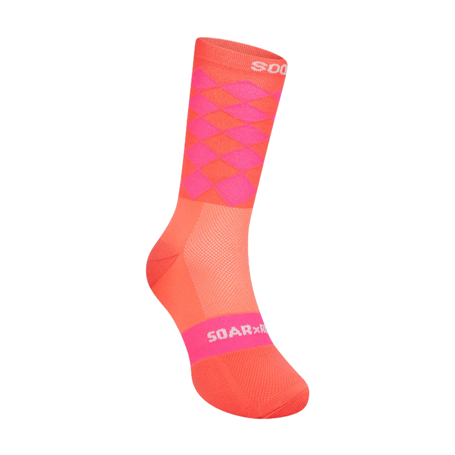 Soar Diamond Crew Socks Fluro Coral Fluro Pink front view showing open mesh knit midfoot, ribbed mid-calf cuff and diamond pattern detail