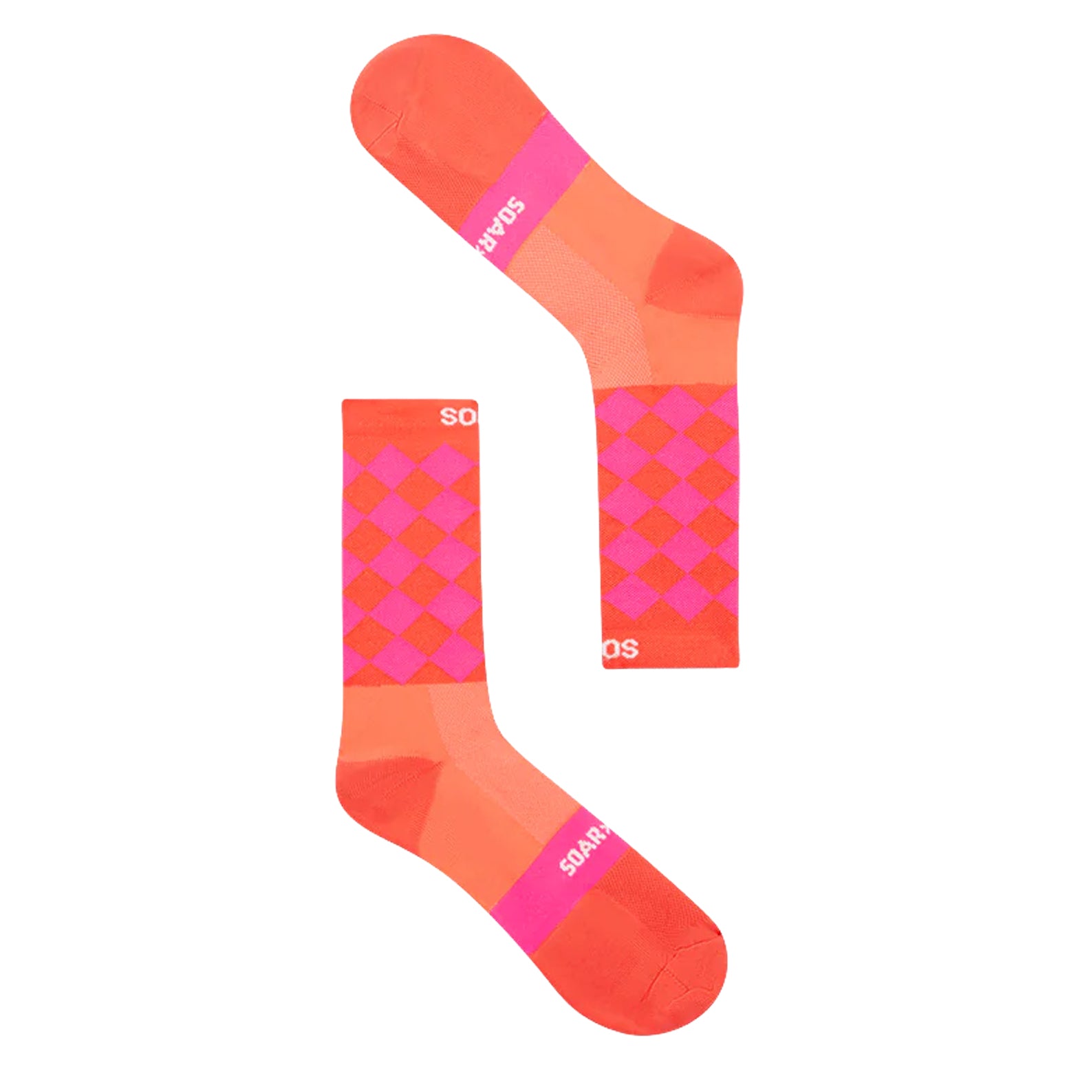 Soar Diamond Crew Socks Fluro Coral Fluro Pink pair view showing mid-calf cut, ribbed cuff and reinforced heel and toe panels
