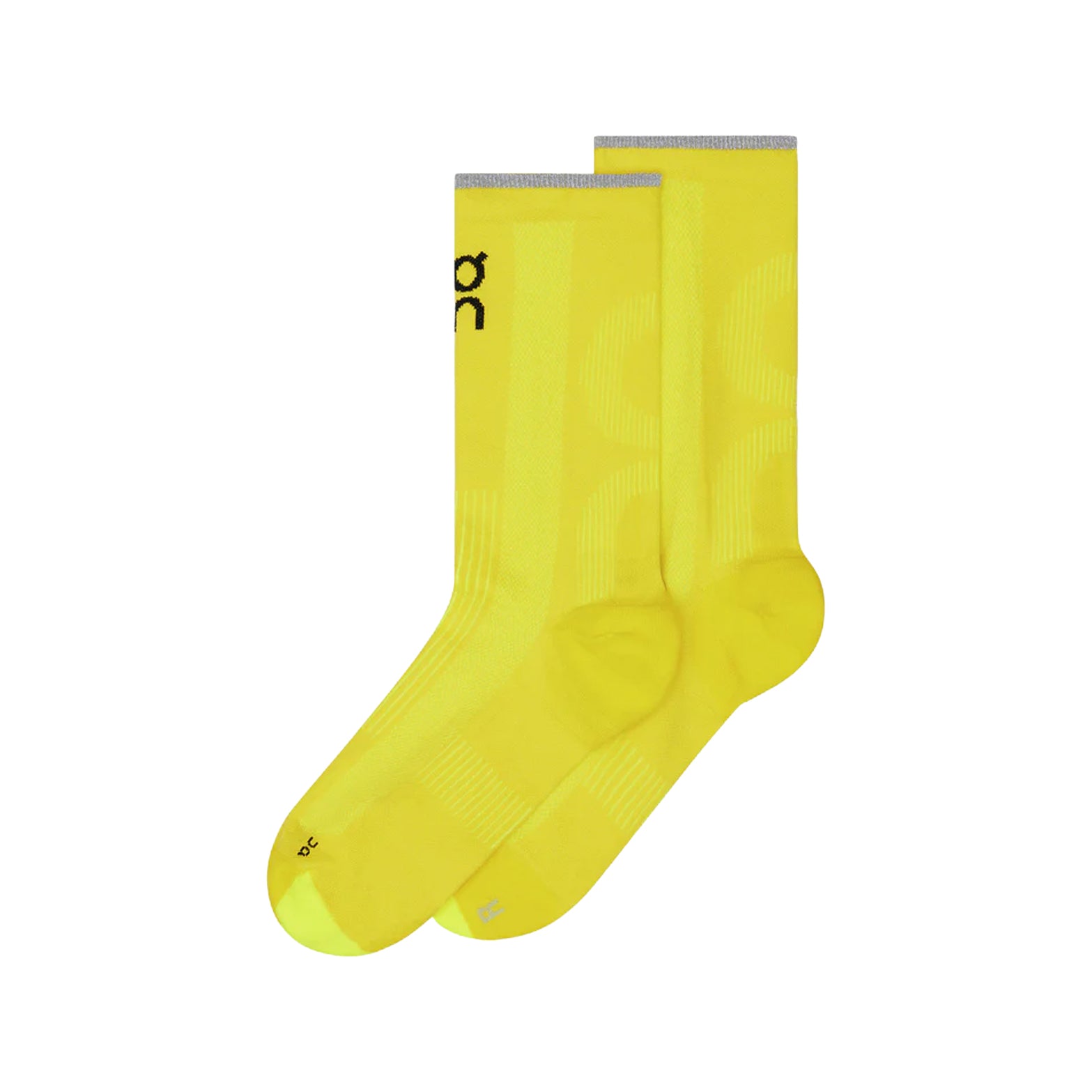 On Elite Run Sock High Lime product view showing ultra-light 34g construction with ventilation panels, compression zones and reflective yarn on cuff