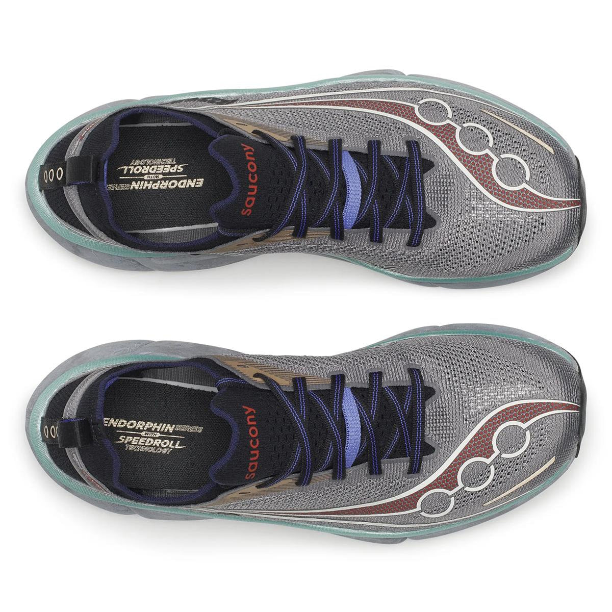 Top view of a pair of Saucony Endorphin Elite 3 Running Shoes in Owl / Black, featuring gray uppers with teal soles, blue laces, and white and brown accents. The Saucony logo appears on the sides, while “Endorphin Speedroll” text inside the heels showcases the shoe’s advanced design with a high-performance carbon fibre plate for enhanced speed.