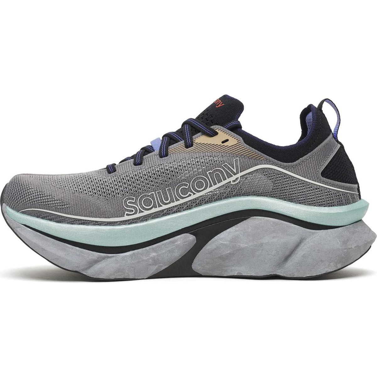 A pair of Saucony Endorphin Elite 3 Running Shoes in the Owl / Black colorway is shown from the side on a white background, featuring a thick, wavy light blue and black sole with a carbon fibre plate, mesh upper, and black heel accents.