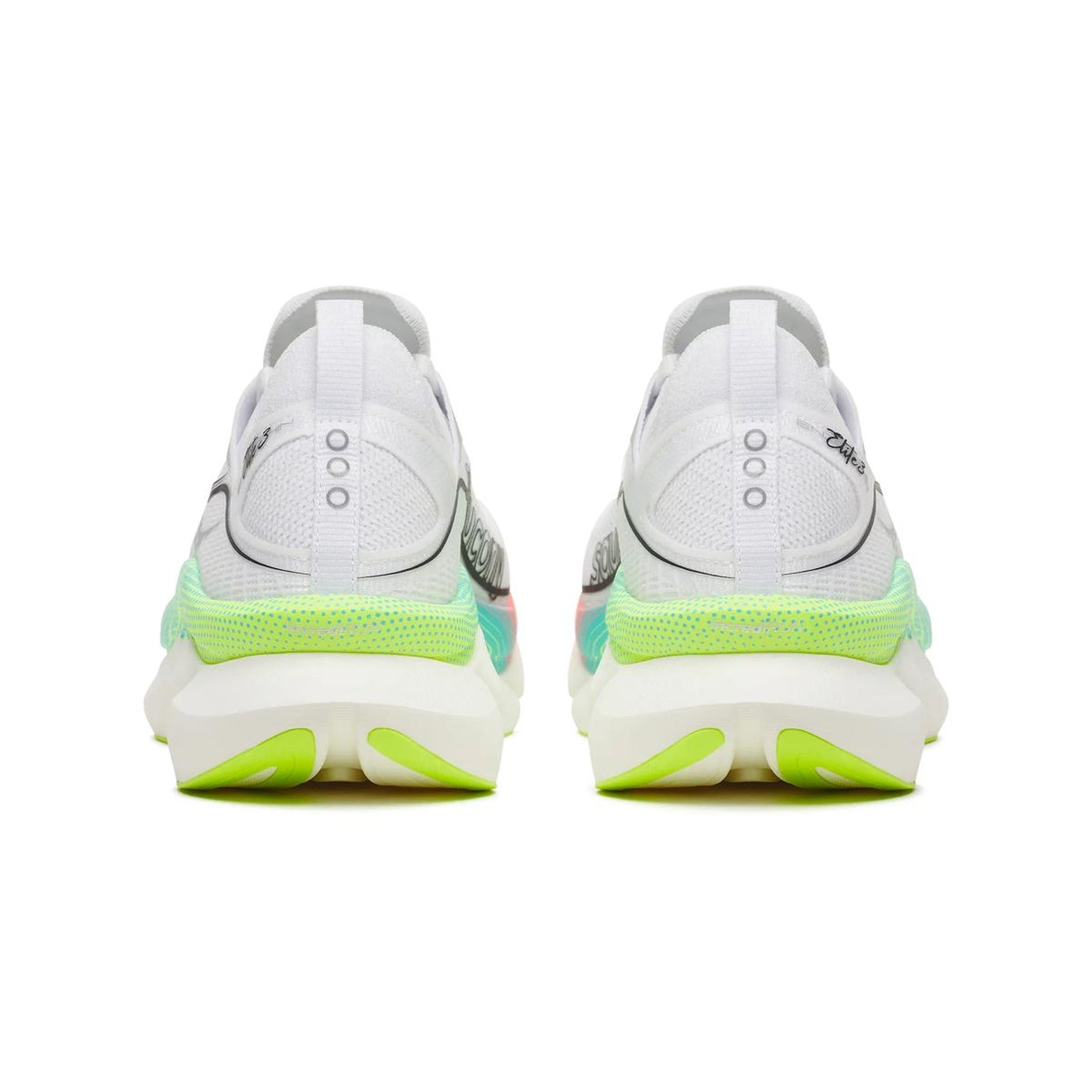 Saucony Endorphin Elite 3 Running Shoes White Multi heel view showing 40mm IncrediRUN foam stack with slotted carbon fibre plate for industry-leading energy return