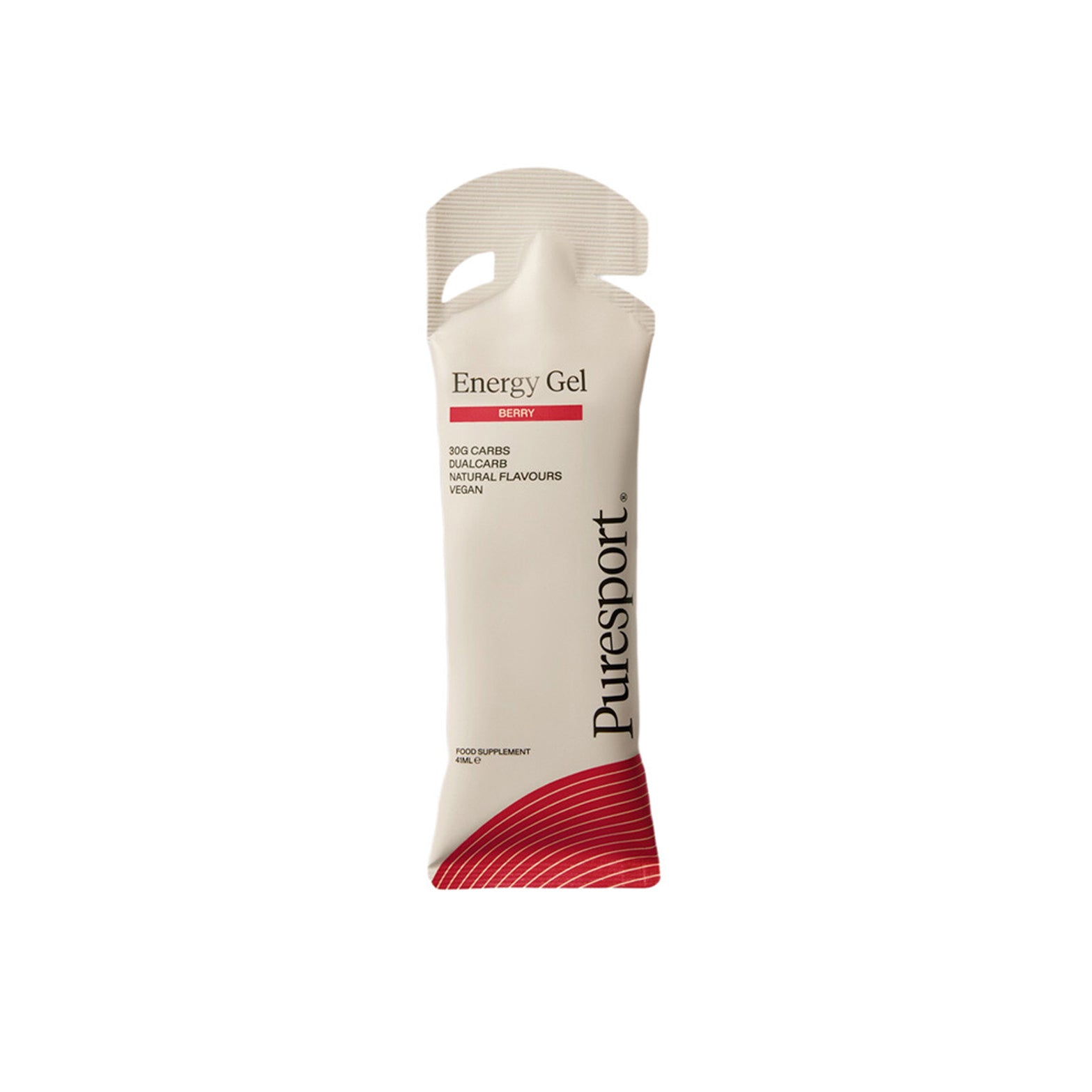 Puresport Energy Gel Berry — single gel product shot showing berry flavour packaging design and DualCarb™ energy gel construction
