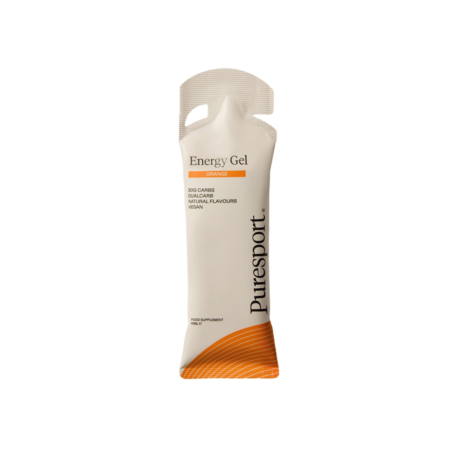 Puresport Energy Gel Orange — single gel product shot showing orange flavour packaging design and DualCarb™ energy gel construction