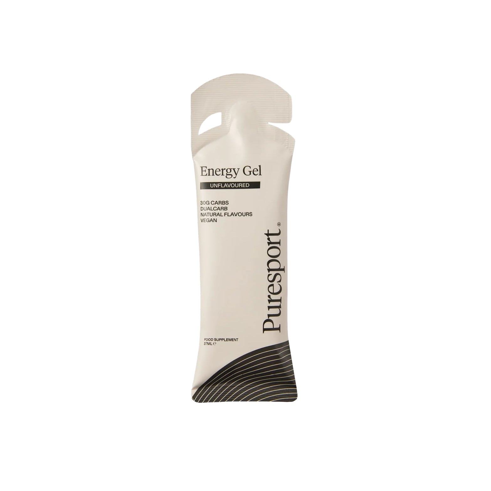 Puresport Energy Gel Unflavoured — single gel product shot showing packaging design and unflavoured DualCarb™ energy gel construction