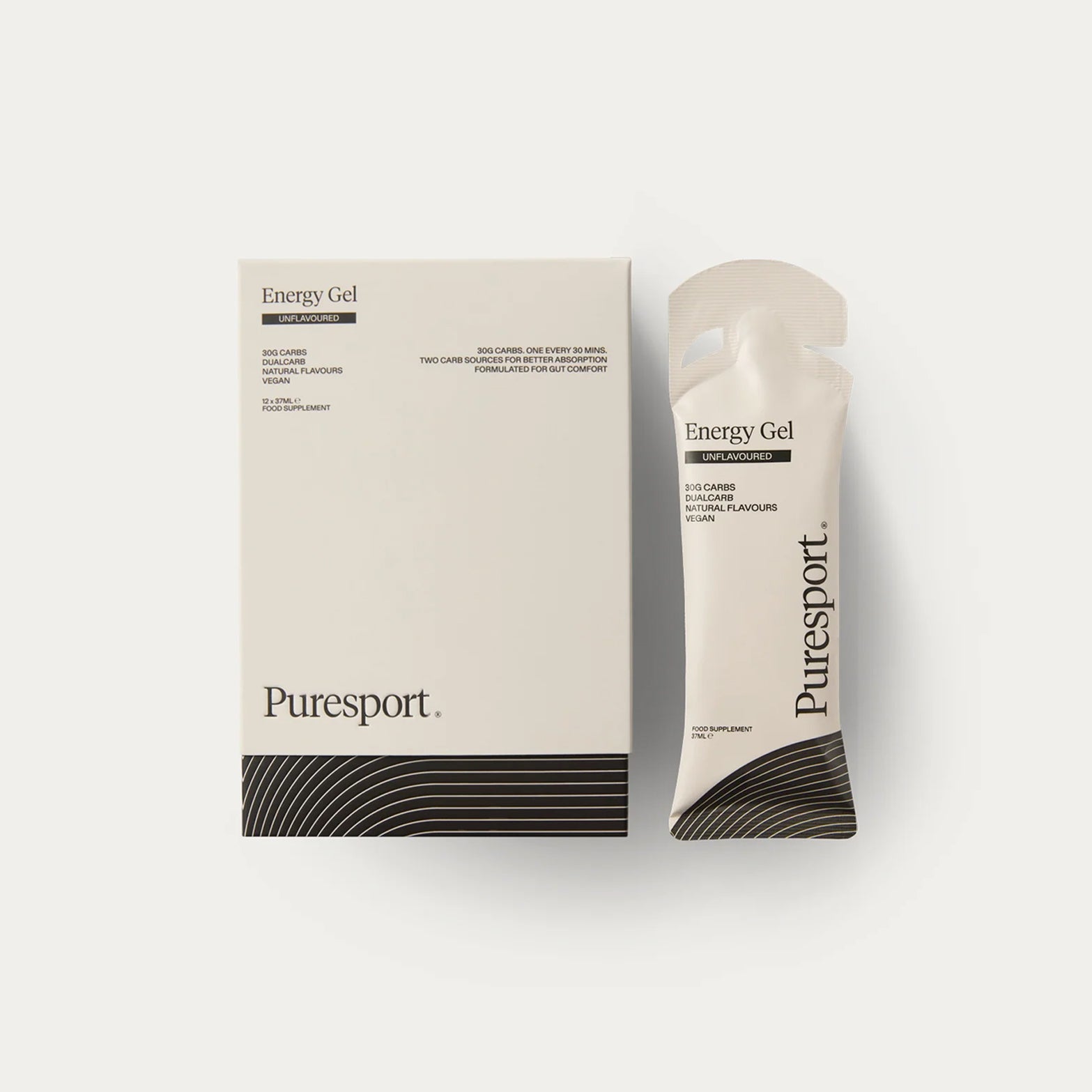 Puresport Energy Gel Unflavoured 6 Pack — product shot showing full six pack box with individual gel packaging and unflavoured DualCarb™ energy gel branding