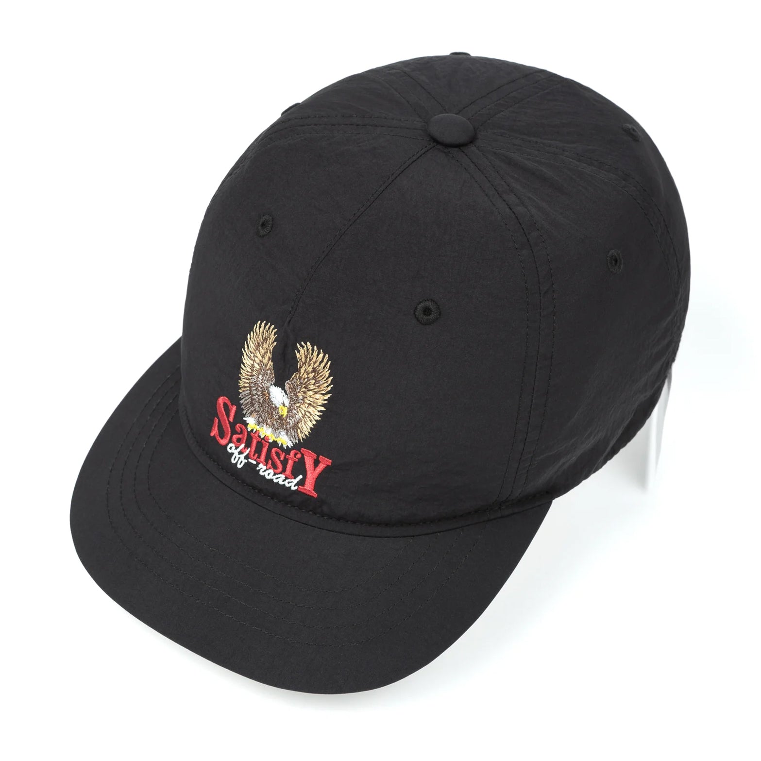 Satisfy FliteSilk™ 5 Panel Pinch Cap in Black Eagle — side product shot showing five-panel pinch silhouette, short brim profile and black FliteSilk™ Italian nylon construction