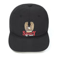 Satisfy FliteSilk™ 5 Panel Pinch Cap in Black Eagle — front product shot showing five-panel pinch construction, short brim, black FliteSilk™ Italian nylon and Satisfy embroidery across front panels