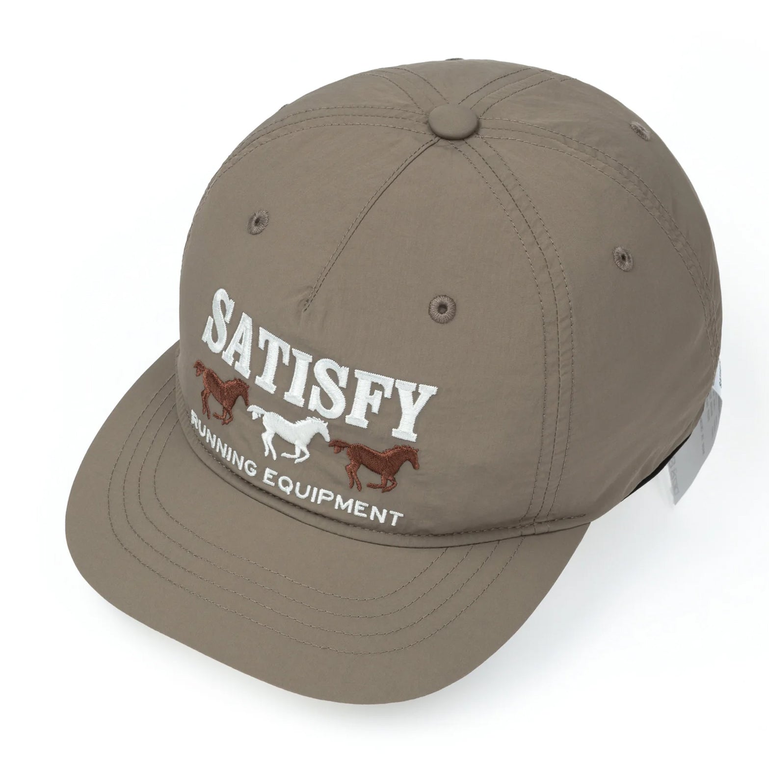 Satisfy FliteSilk™ 5 Panel Pinch Cap in Falcon Embroidery — closeup showing Satisfy falcon embroidery detail across front panels on FliteSilk™ Italian nylon fabric
