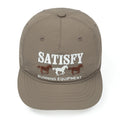 Satisfy FliteSilk™ 5 Panel Pinch Cap in Falcon Embroidery — front product shot showing five-panel pinch construction, short brim, FliteSilk™ Italian nylon and Satisfy falcon embroidery across front panels