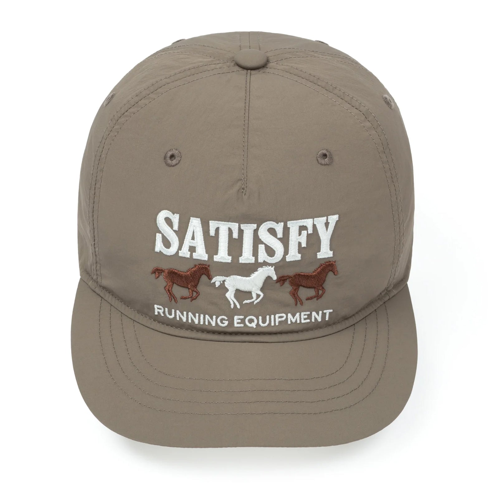 Satisfy FliteSilk™ 5 Panel Pinch Cap in Falcon Embroidery — front product shot showing five-panel pinch construction, short brim, FliteSilk™ Italian nylon and Satisfy falcon embroidery across front panels
