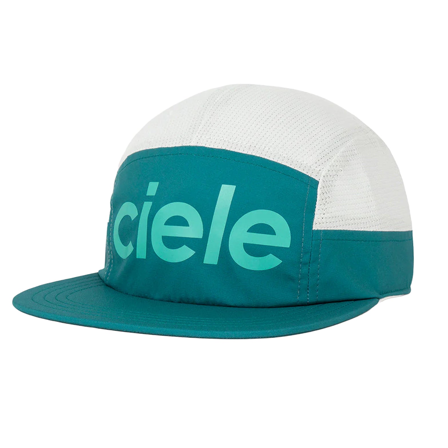 Ciele GOCap Comp Century Harbor Light Grey front view showing FLEXweave woven fabric with UPF 50+ protection and COOLmatic PLUS MIKRAmesh for performance running