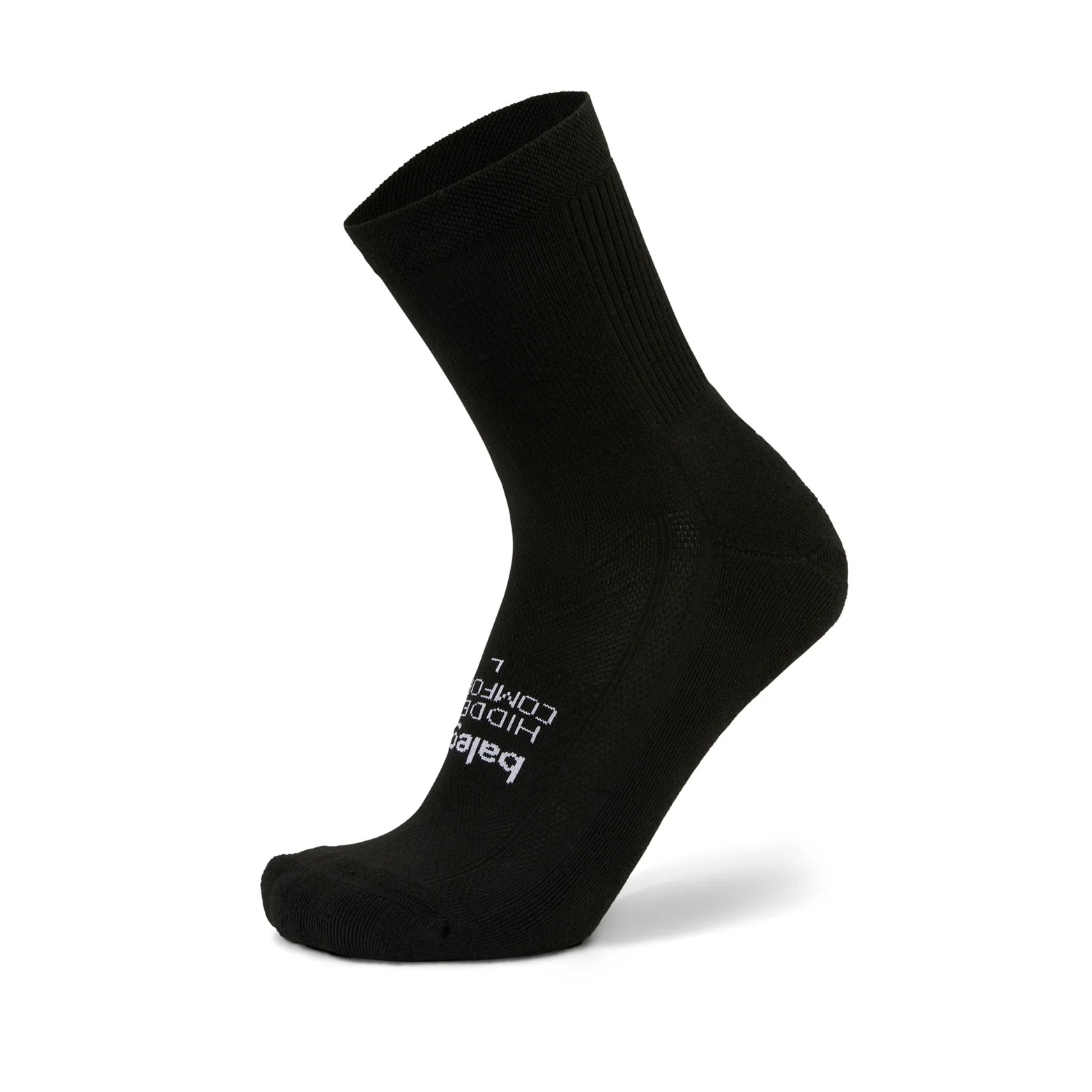 Balega Hidden Comfort Mini Crew Running Socks in Black — product shot showing black plush cushioned mini crew sock construction with deep heel pocket, seamless design and Drynamix™ moisture-wicking yarn