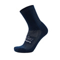 A single Balega Hidden Comfort Mini Crew Running Sock in Ink is positioned upright on a white background, featuring white text and patterns on the sole and designed with moisture-wicking properties.
