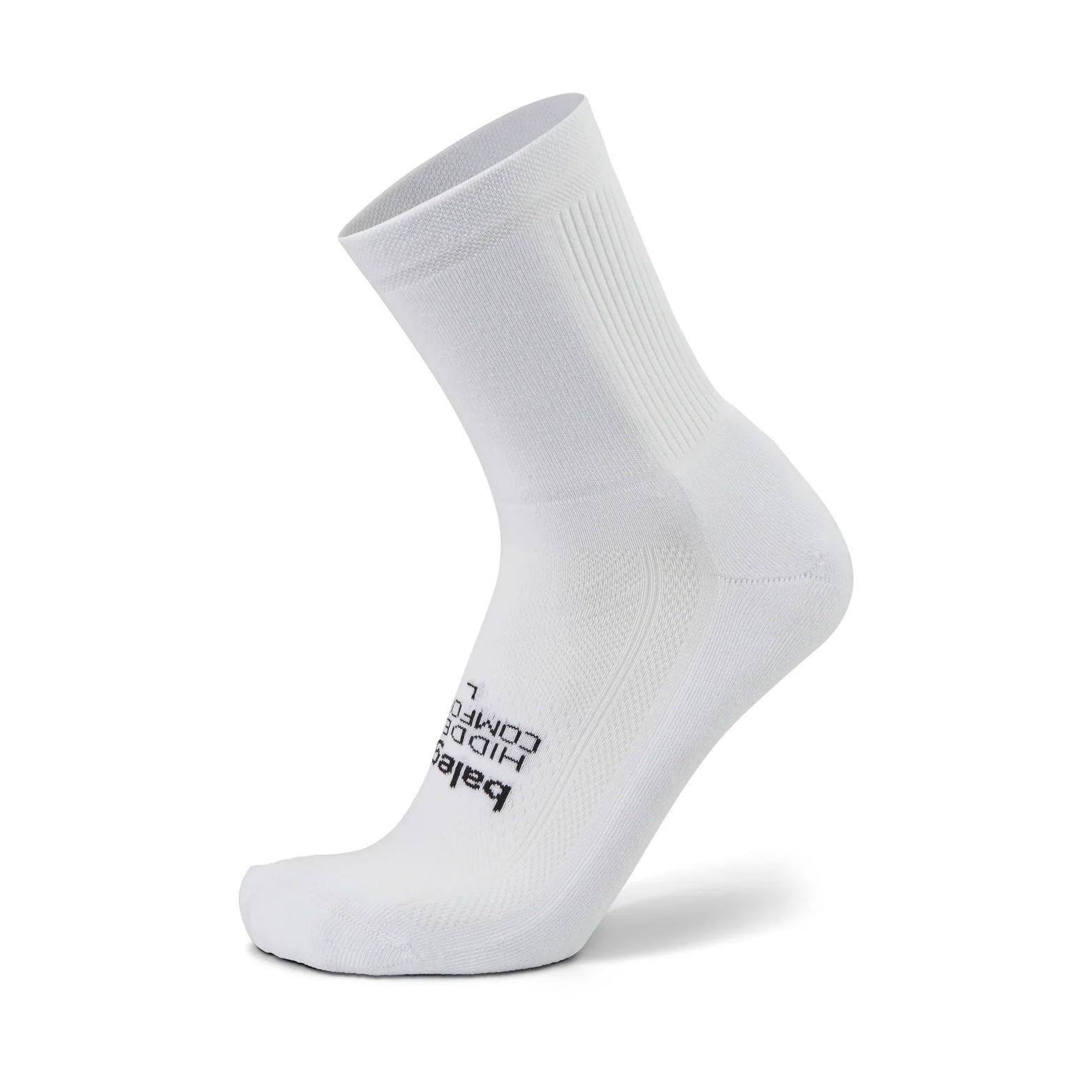 Balega Hidden Comfort Mini Crew Running Socks in White — product shot showing white plush cushioned mini crew sock construction with deep heel pocket, seamless design and Drynamix™ moisture-wicking yarn