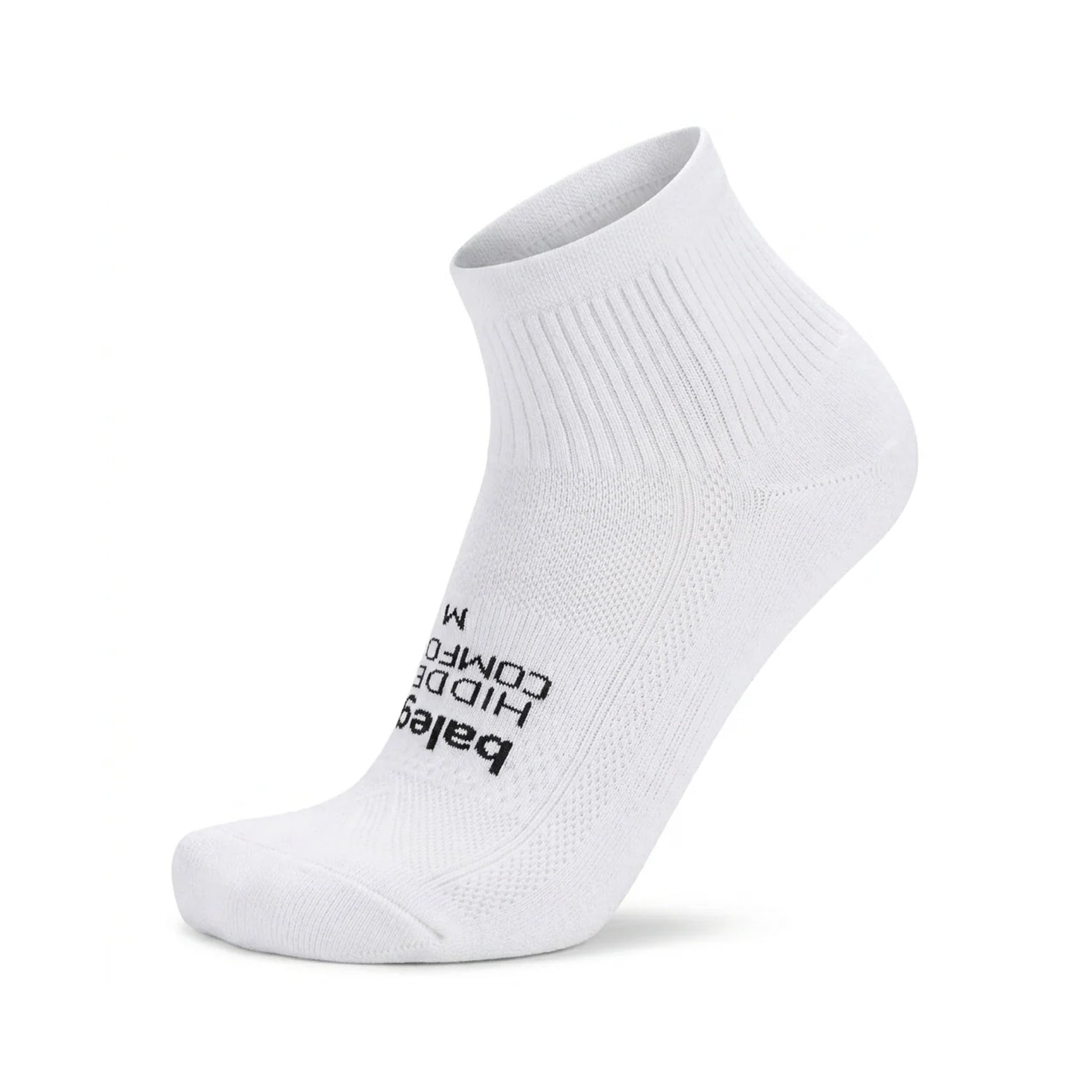 Balega Hidden Comfort Quarter Running Socks in White — product shot showing white plush cushioned quarter sock construction with deep heel pocket, seamless design and Drynamix™ moisture-wicking yarn