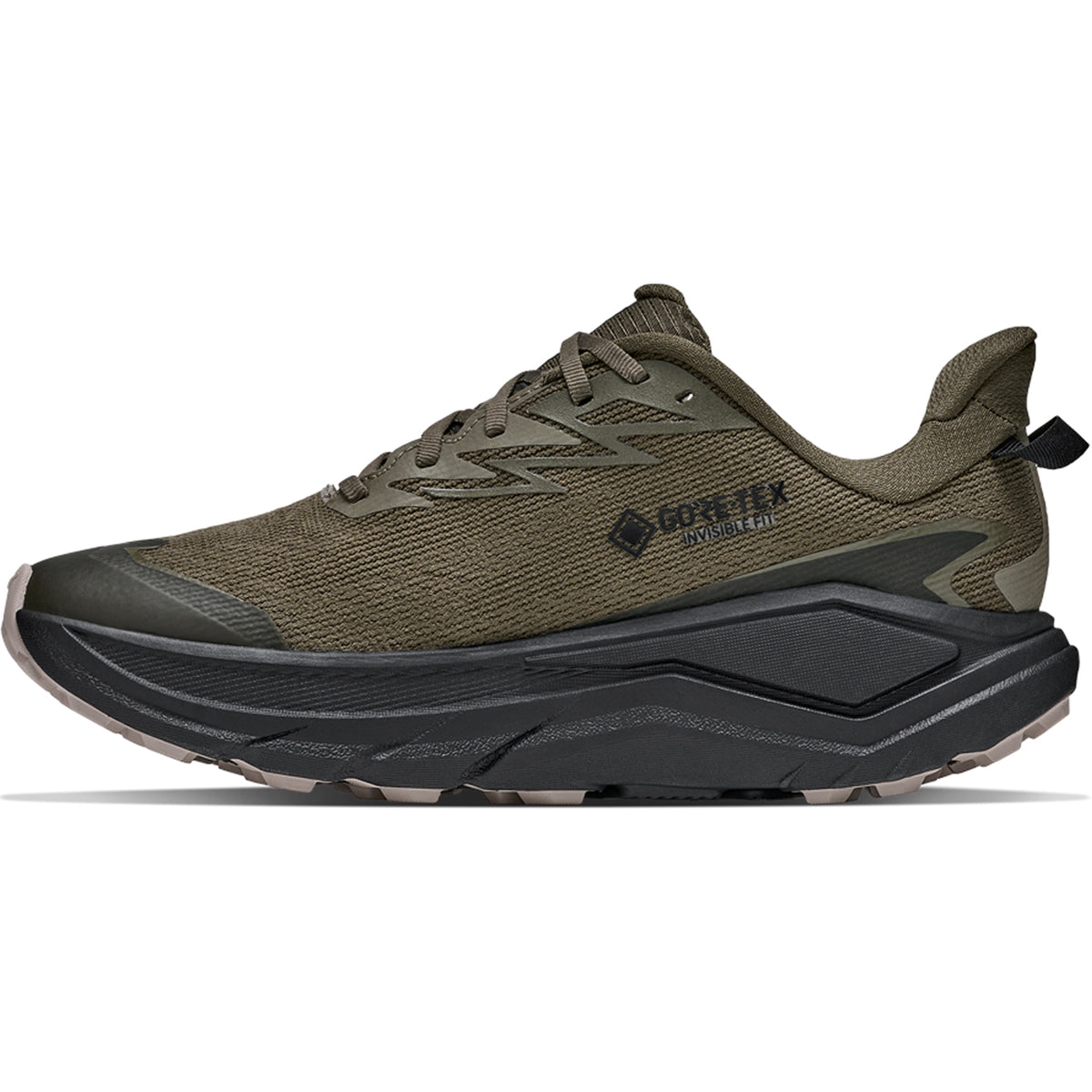 A side view of Men’s Challenger 8 GORE-TEX Trail Running Shoes Antique Olive / Black by Hoka, with black and gray accents, thick cushioned sole, and GORE-TEX Invisible Fit—ideal waterproof trail runners for any adventure.