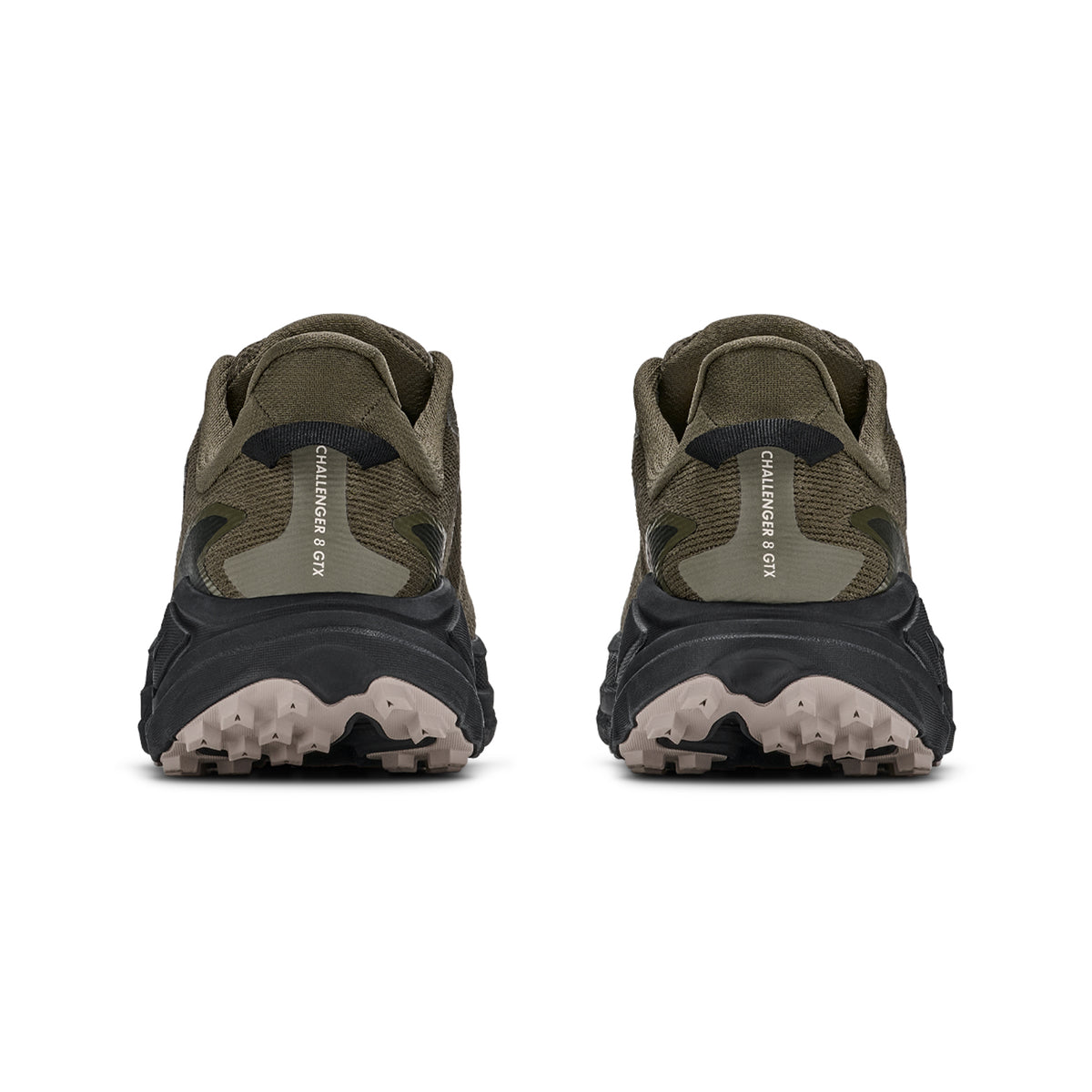 A pair of Hoka Men’s Challenger 8 GORE-TEX Trail Running Shoes in Antique Olive / Black, shown from the back with rugged beige soles and branding on each heel tab.