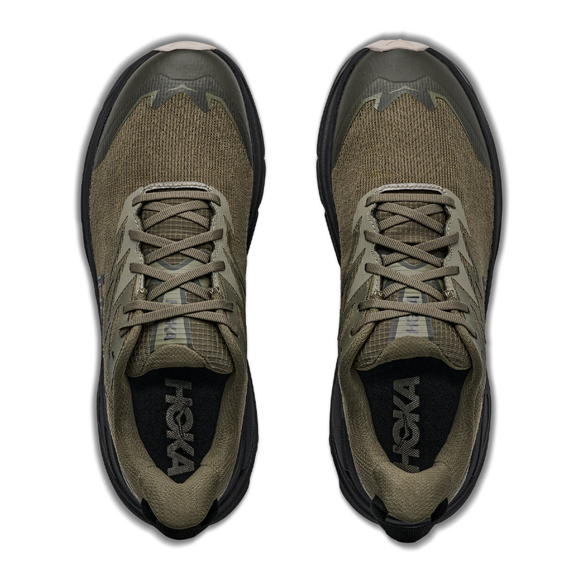 A pair of Men’s Challenger 8 GORE-TEX Trail Running Shoes Antique Olive / Black by Hoka, viewed from above, features laces, mesh uppers, black outsoles, and visible HOKA logos on the insoles.