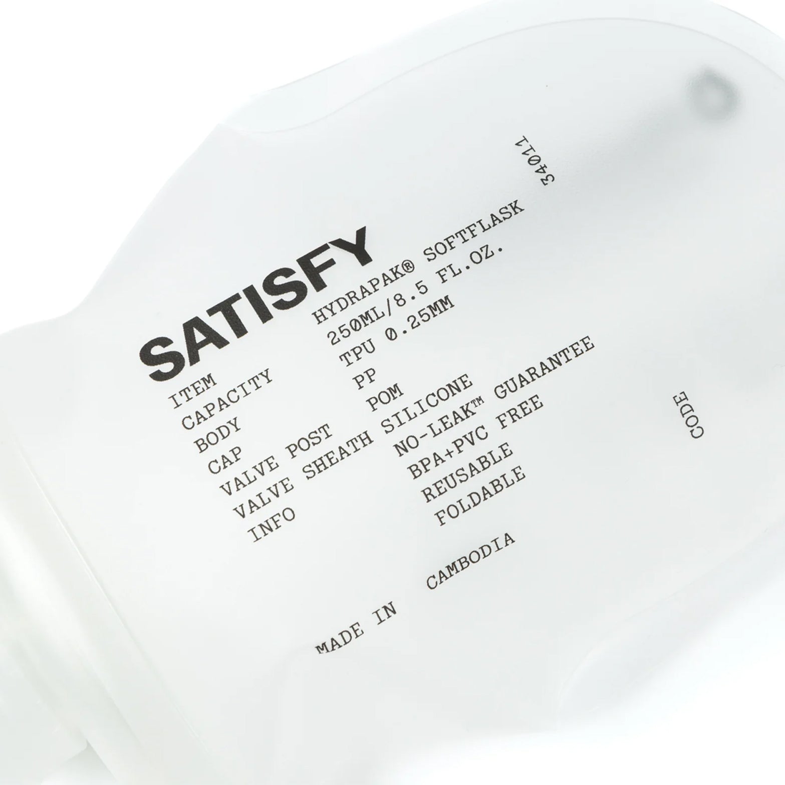 Satisfy HydraPak Soft Flask 2 Pack 250ml close-up showing 250ml capacity markings and abrasion-resistant TPU material construction details