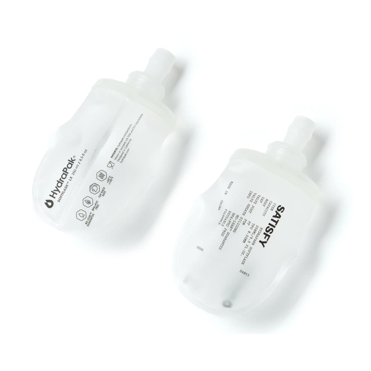 Satisfy HydraPak Soft Flask 2 Pack 250ml pair angled view showing flexible collapsible design that compresses as you drink to reduce water movement