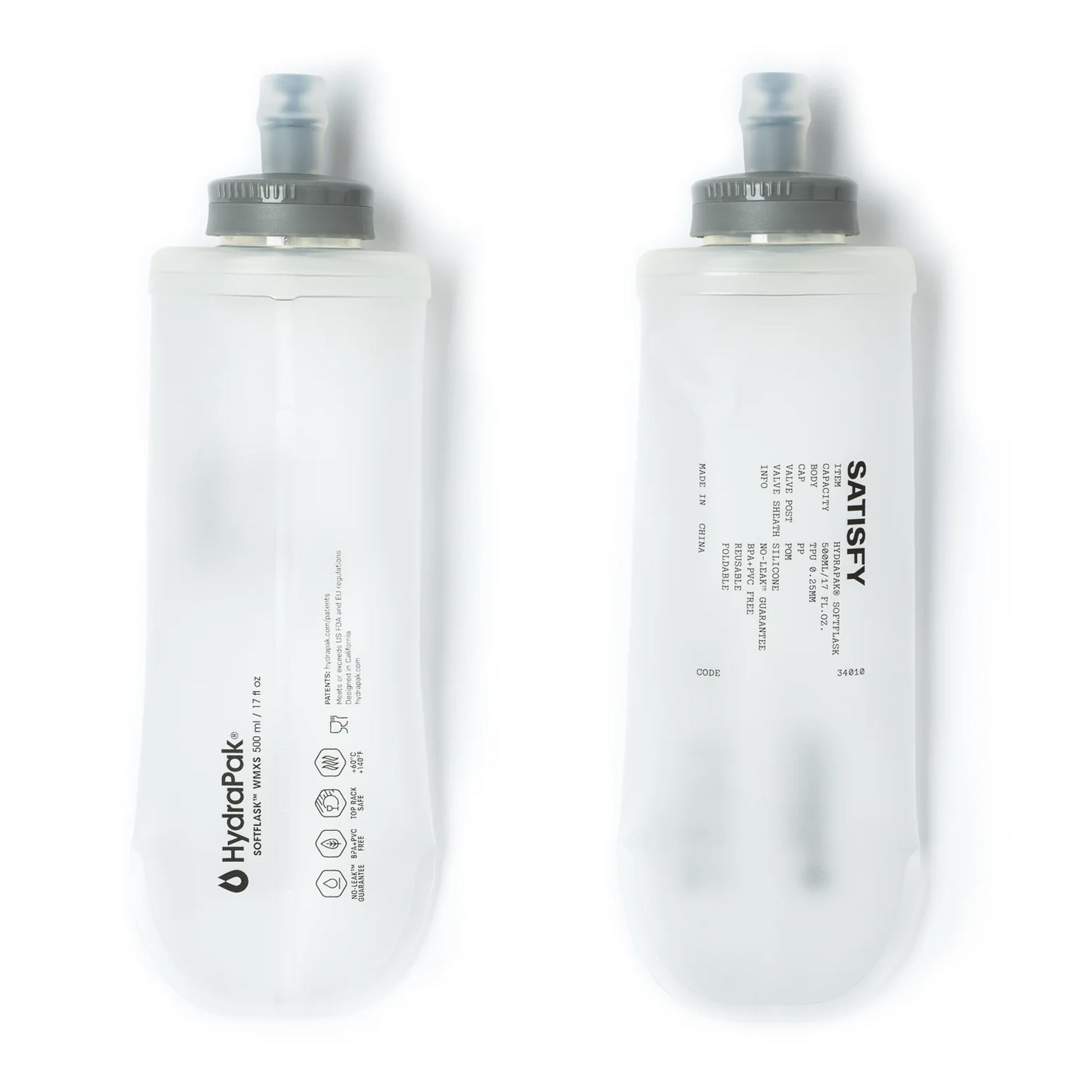 Satisfy HydraPak Soft Flask 2 Pack 500ml pair front view showing ultra-durable BPA and PVC-free TPU construction with leakproof high-flow bite valve