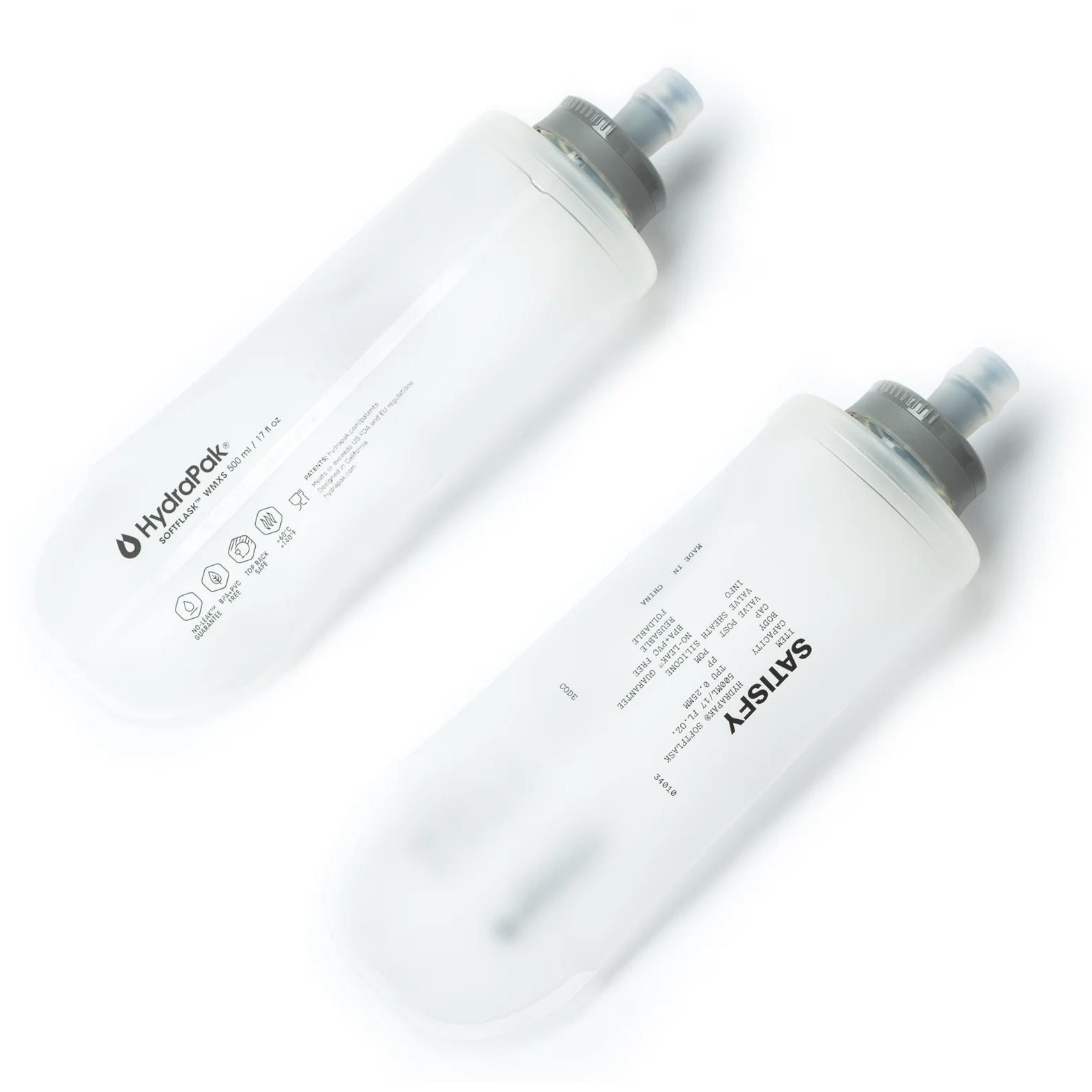 Satisfy HydraPak Soft Flask 2 Pack 500ml pair angled view showing flexible collapsible design that compresses as you drink to reduce water movement