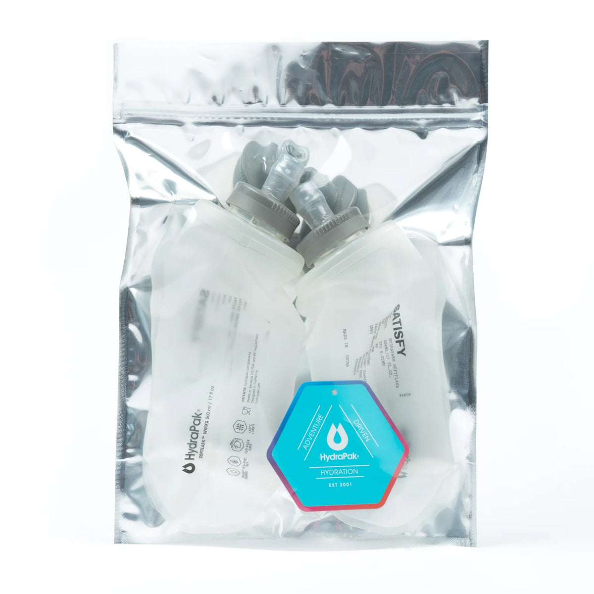 Satisfy HydraPak Soft Flask 2 Pack 500ml in packaging showing collaboration design with HydraPak for running hydration with large standard opening for ice and drink mixes