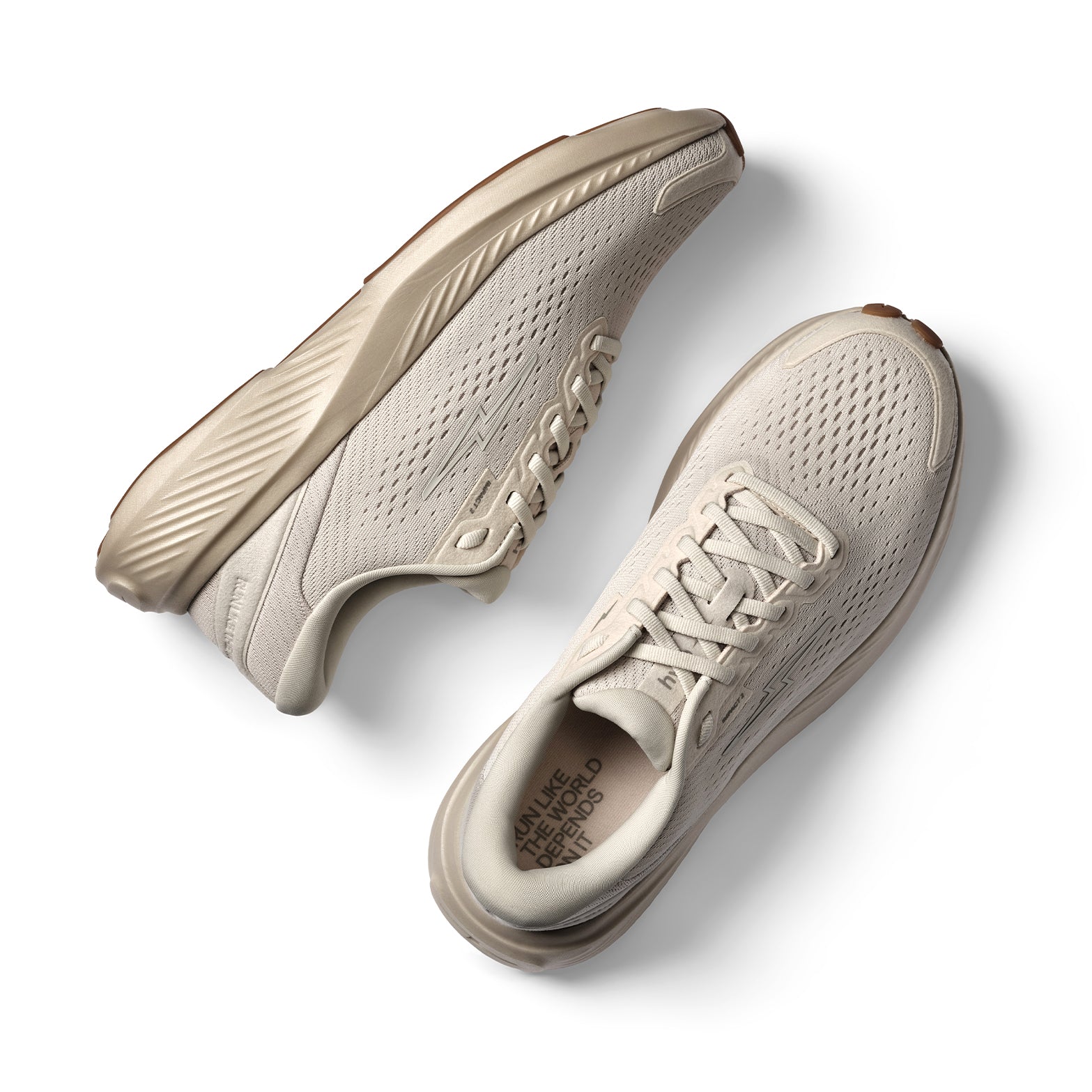 Hylo Impact 2 Running Shoes Sand Oat showing top view of lightweight CleanTech 50 bio-based upper alongside side view displaying HyperBolt+ supercritical foam midsole with TreadLight natural rubber outsole for lightweight energetic sustainable road running