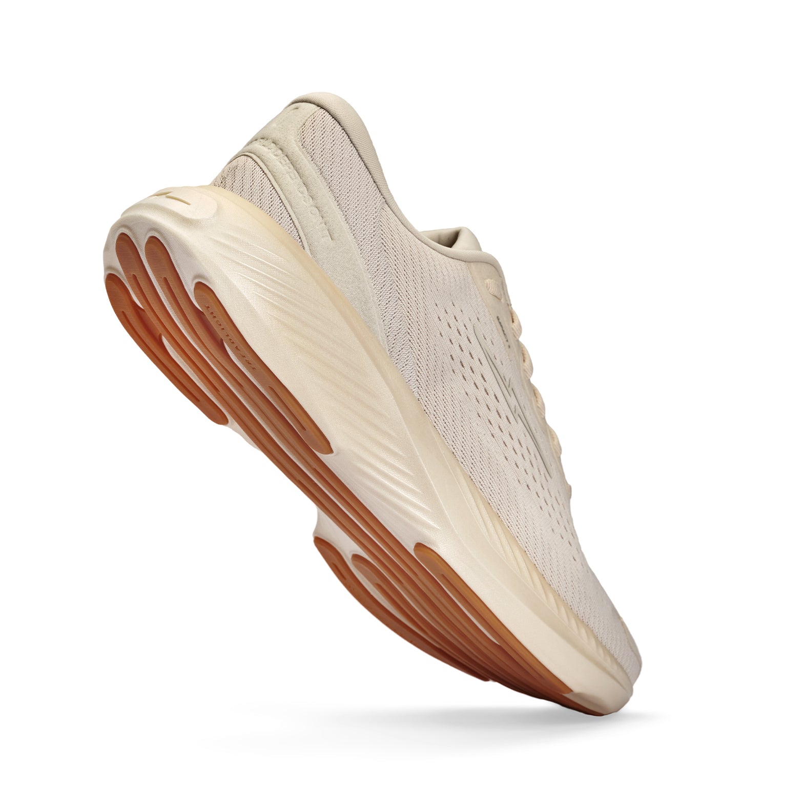 Hylo Impact 2 Running Shoes Sand Oat angled side and heel view showing HyperBolt+ bio-based foam with TreadLight natural rubber outsole and CleanTech 50 construction for lightweight energetic sustainable road running