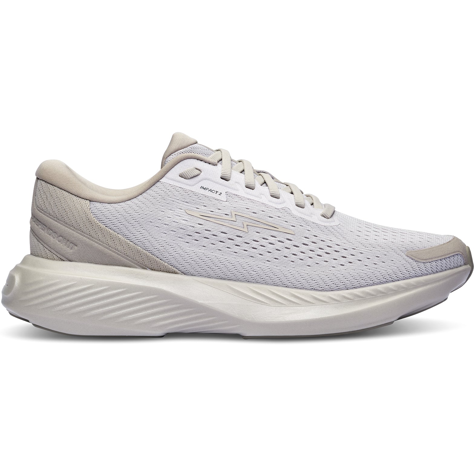 Hylo Impact 2 Running Shoes Stone outer side view showing HyperBolt+ supercritical bio-based foam midsole with TreadLight natural rubber outsole for lightweight energetic road running