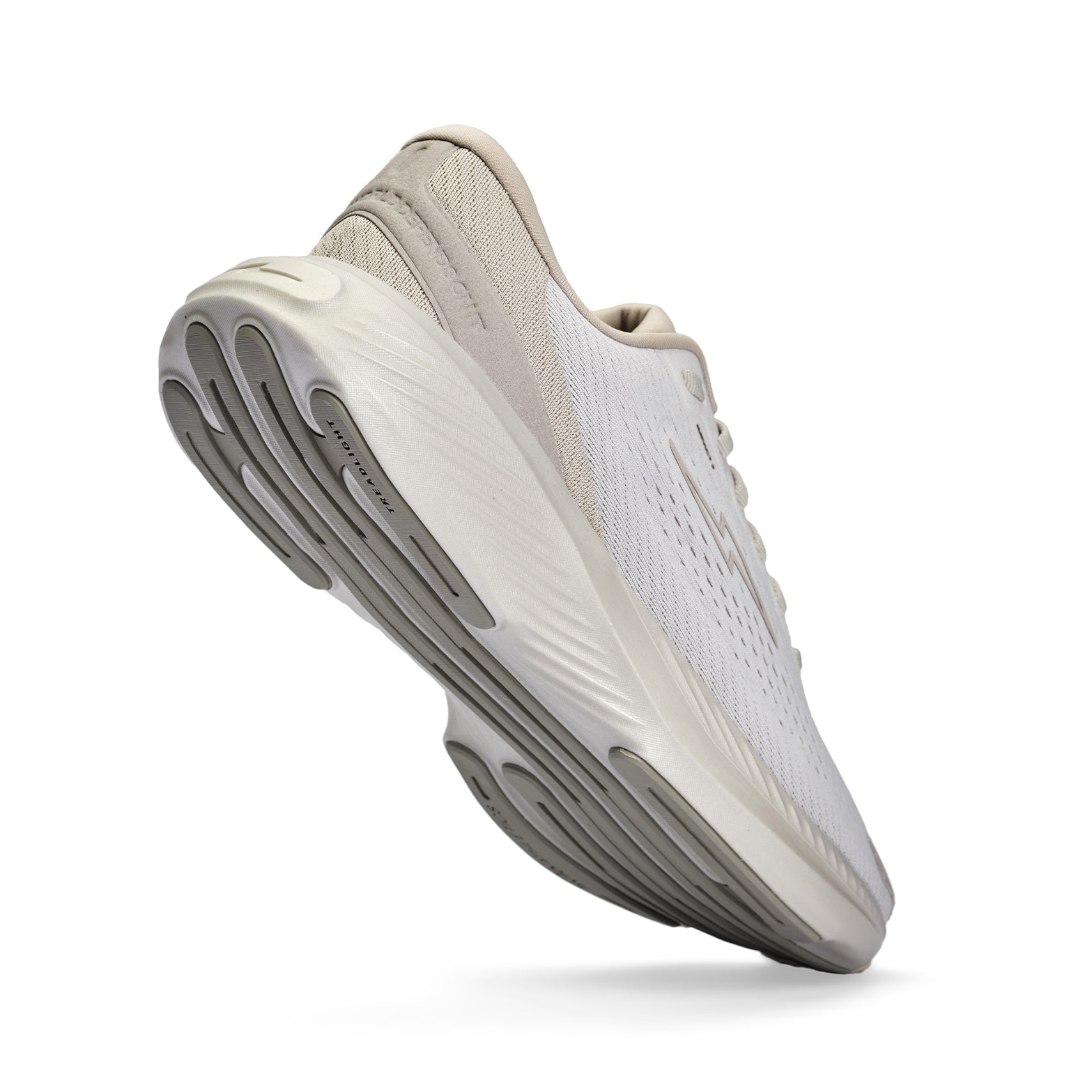 Hylo Impact 2 Running Shoes Stone angled side and heel view showing HyperBolt+ bio-based foam with TreadLight natural rubber outsole and CleanTech 50 construction for lightweight energetic sustainable road running