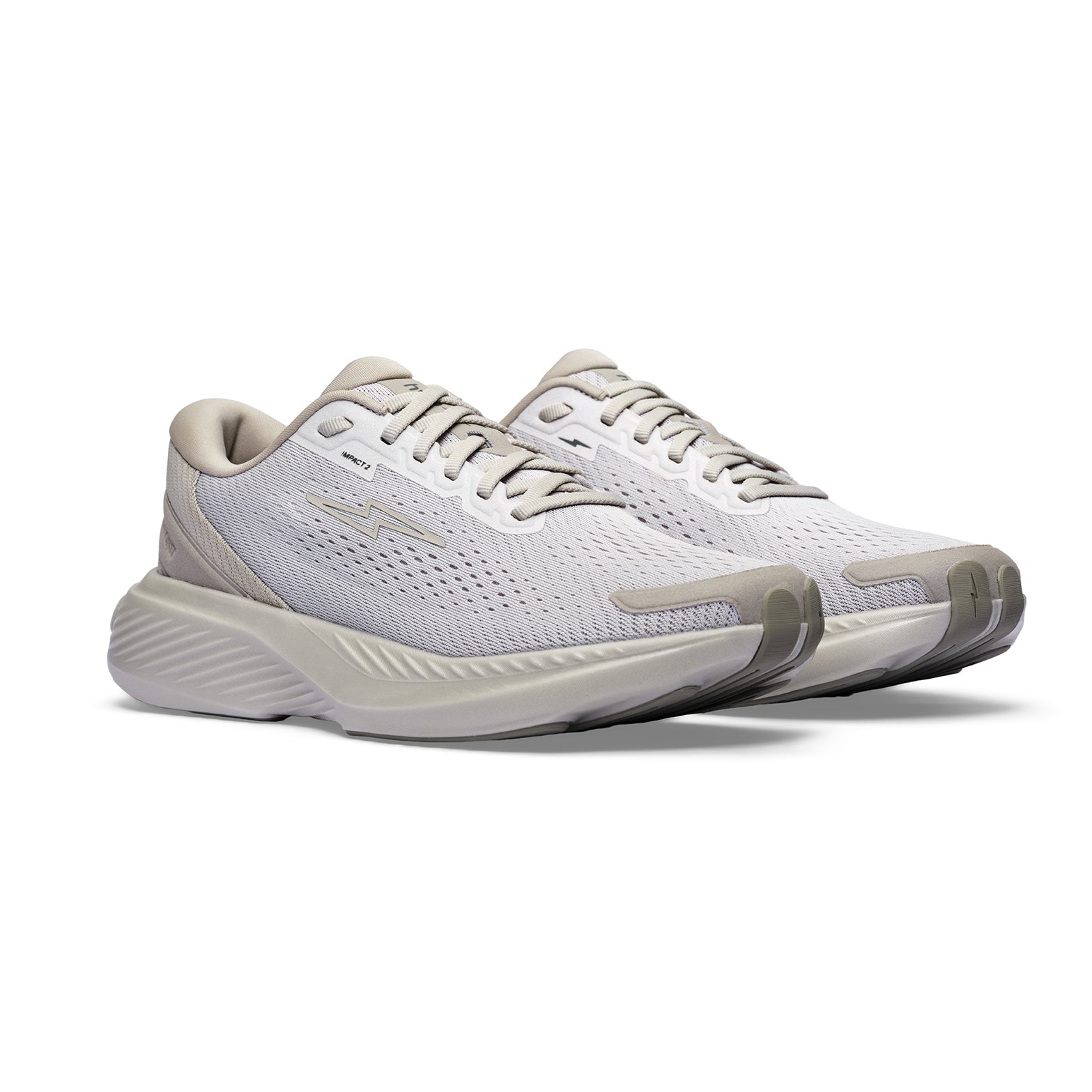 Hylo Impact 2 Running Shoes Stone angled side view of pair showing HyperBolt+ bio-based foam midsole with TreadLight natural rubber outsole and 50% bio-based recycled construction for lightweight versatile road running