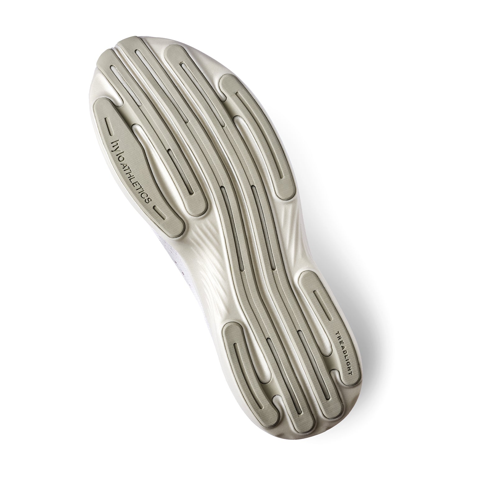 Hylo Impact 2 Running Shoes Stone sole view displaying TreadLight outsole with 60% natural rubber placed for precise grip without weight during road running