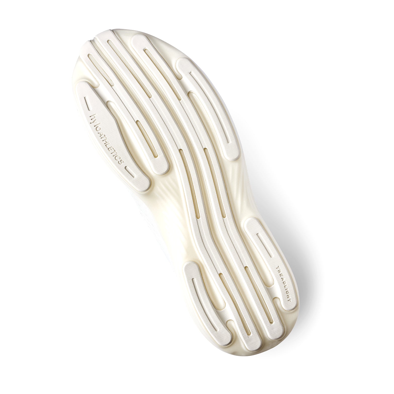 Hylo Impact 2 Running Shoes Undyed Pebble sole view displaying TreadLight outsole with 60% natural rubber placed for precise grip without weight during road running