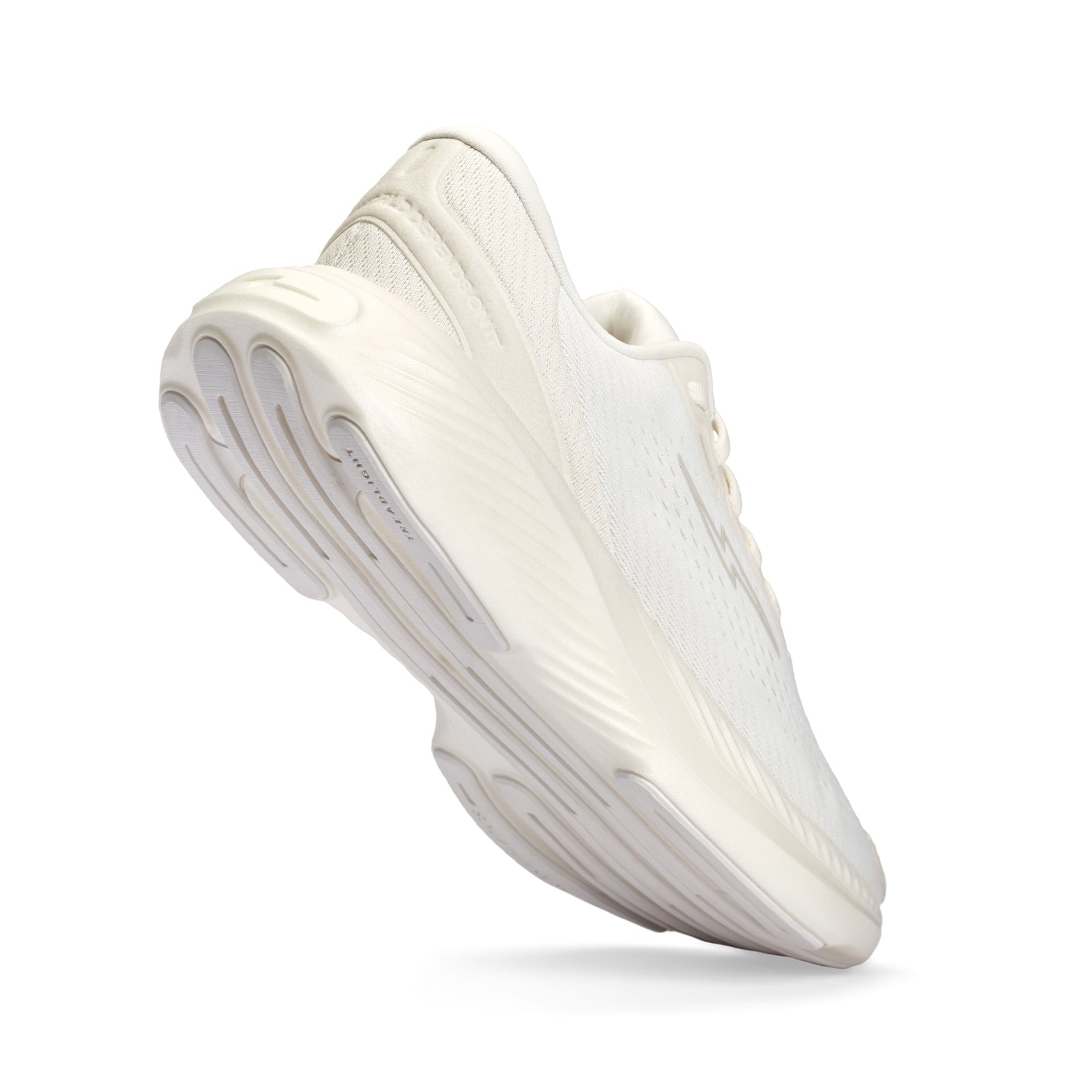 Hylo Impact 2 Running Shoes Undyed Pebble angled side and heel view showing HyperBolt+ bio-based foam with TreadLight natural rubber outsole and CleanTech 50 construction for lightweight energetic sustainable road running