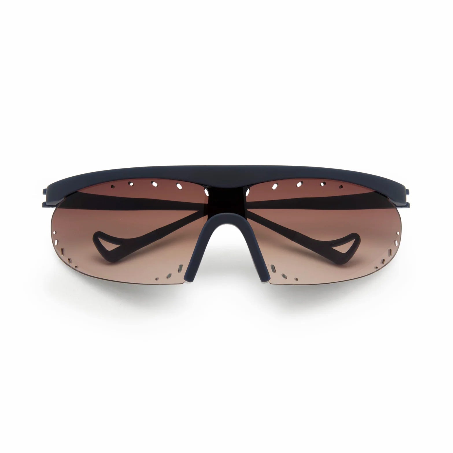 District Vision x PAF Koharu Eclipse in Deep Sea D+ Brown Gradient — front product shot showing six-base blade-style frame construction, deep sea frame and D+ Brown Gradient therapeutic-grade polycarbonate lens with integrated ventilation