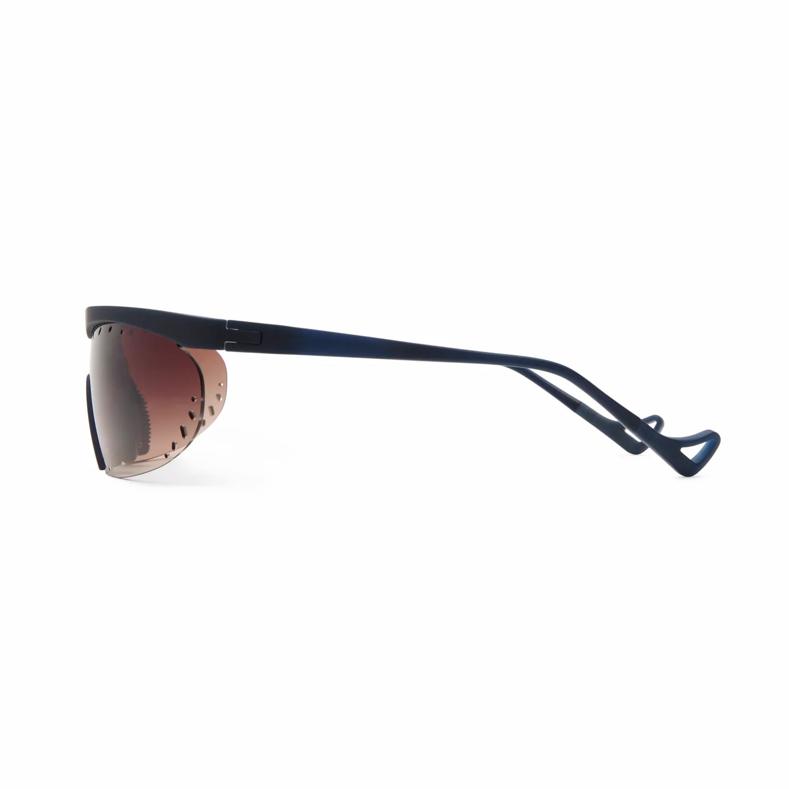 District Vision x PAF Koharu Eclipse in Deep Sea D+ Brown Gradient — side product shot showing six-base blade-style frame profile, grade 2 titanium core temple detail and deep sea colourway with D+ Brown Gradient lens