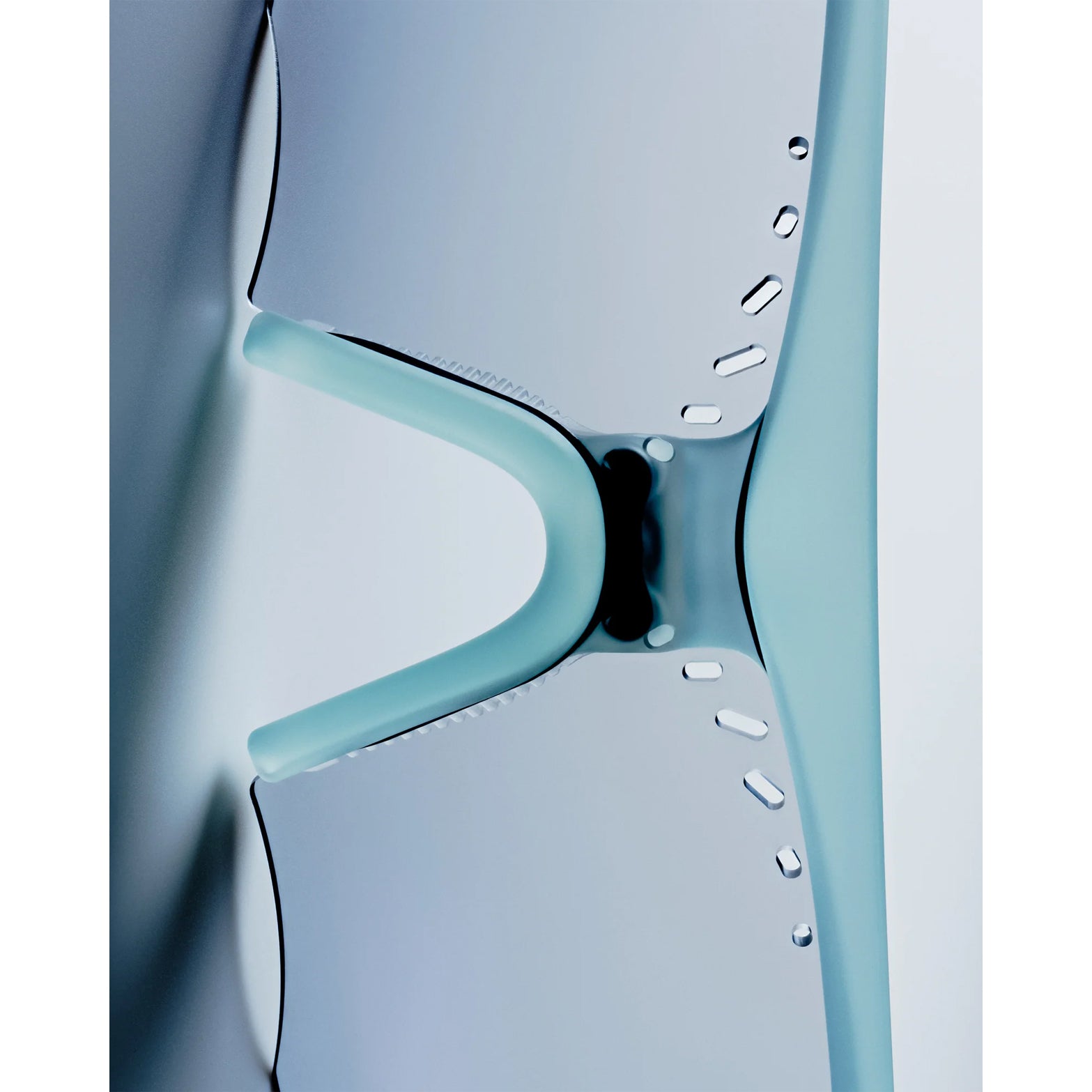 District Vision x PAF Koharu Eclipse in Lichen D+ Sports Gray — closeup showing custom cut lens with integrated ventilation detail and D+ Sports Gray therapeutic-grade polycarbonate construction on lichen frame