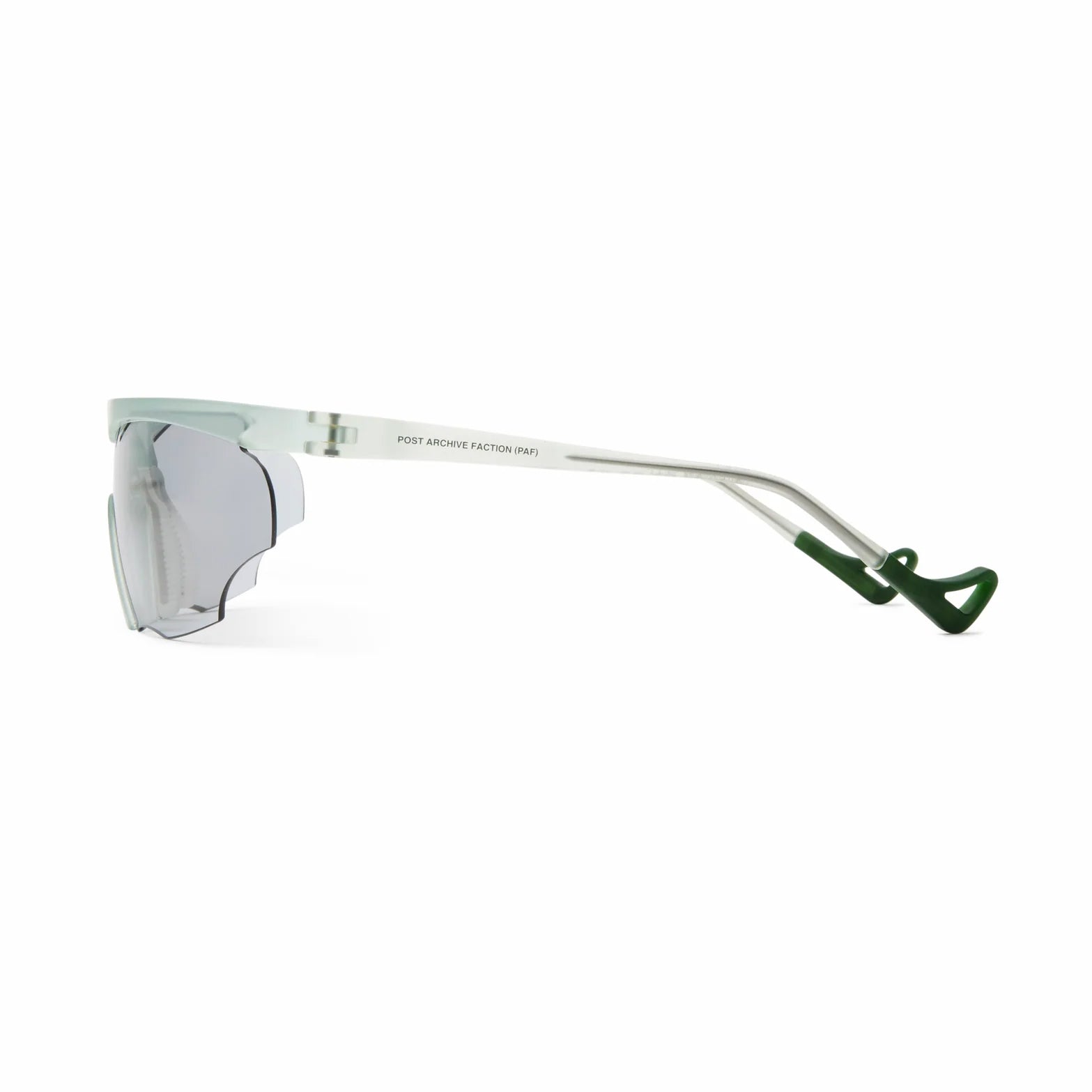 District Vision x PAF Koharu Eclipse in Lichen D+ Sports Gray — side product shot showing six-base blade-style frame profile, grade 2 titanium core temple detail and lichen colourway with D+ Sports Grey lens