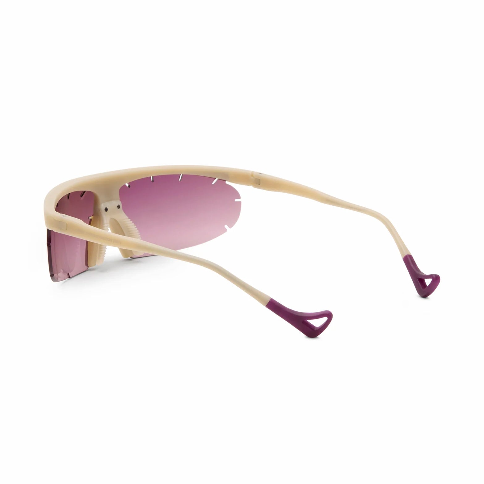 District Vision x PAF Koharu Eclipse in Sand D+ Black Rose Gradient — back product shot showing adjustable nose pads, temple tip detail and grade 2 titanium core construction on sand blade-style frame