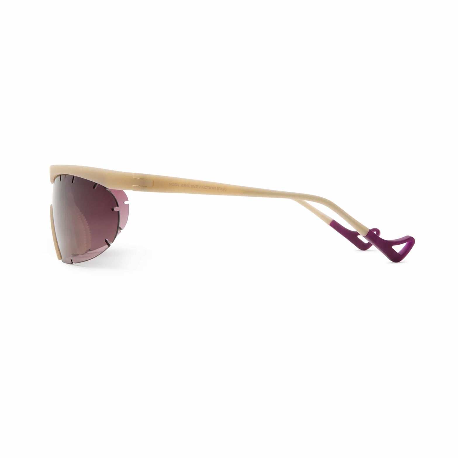 District Vision x PAF Koharu Eclipse in Sand D+ Black Rose Gradient — side product shot showing six-base blade-style frame profile, grade 2 titanium core temple detail and sand colourway with D+ Black Rose Gradient lens