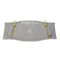 The LF 2L Running Belt Stone by Raide is a gray, bounceless running belt featuring yellow elastic loops, a white Raide logo centered on the front, and convenient side pockets for small items or gear.