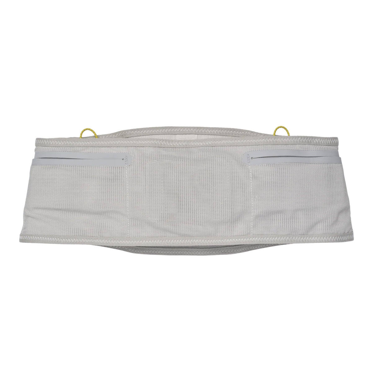 The Raide LF 2L Running Belt Stone is a white belt with a wide elastic waistband featuring a zero bounce suspension system, two front pockets, and yellow loops on top, shown laid flat on a white background.