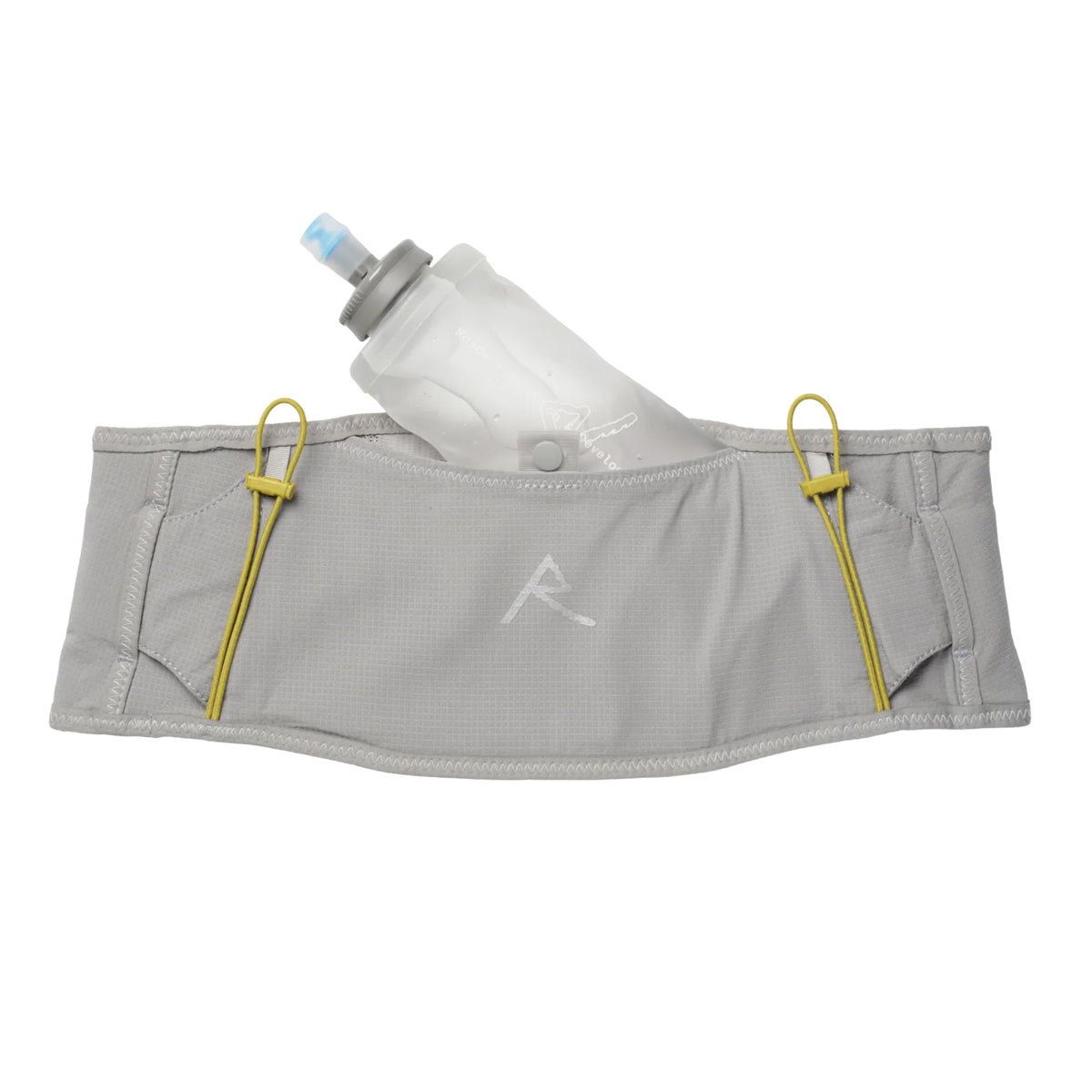 A gray Raide LF 2L Running Belt Stone with yellow elastic cords, featuring a soft water bottle partially inserted in the center pocket.