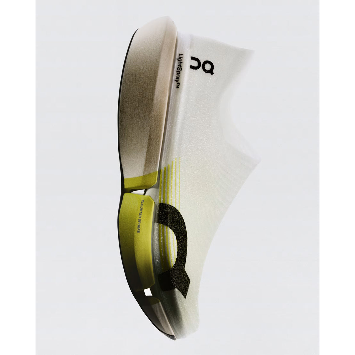 On LightSpray Cloudboom Strike 2 White Lime angled side view showing CloudTec Sphere cushioning with Helion HF foam, carbon Speedboard and seamless LightSpray upper for athlete-tested marathon race day performance