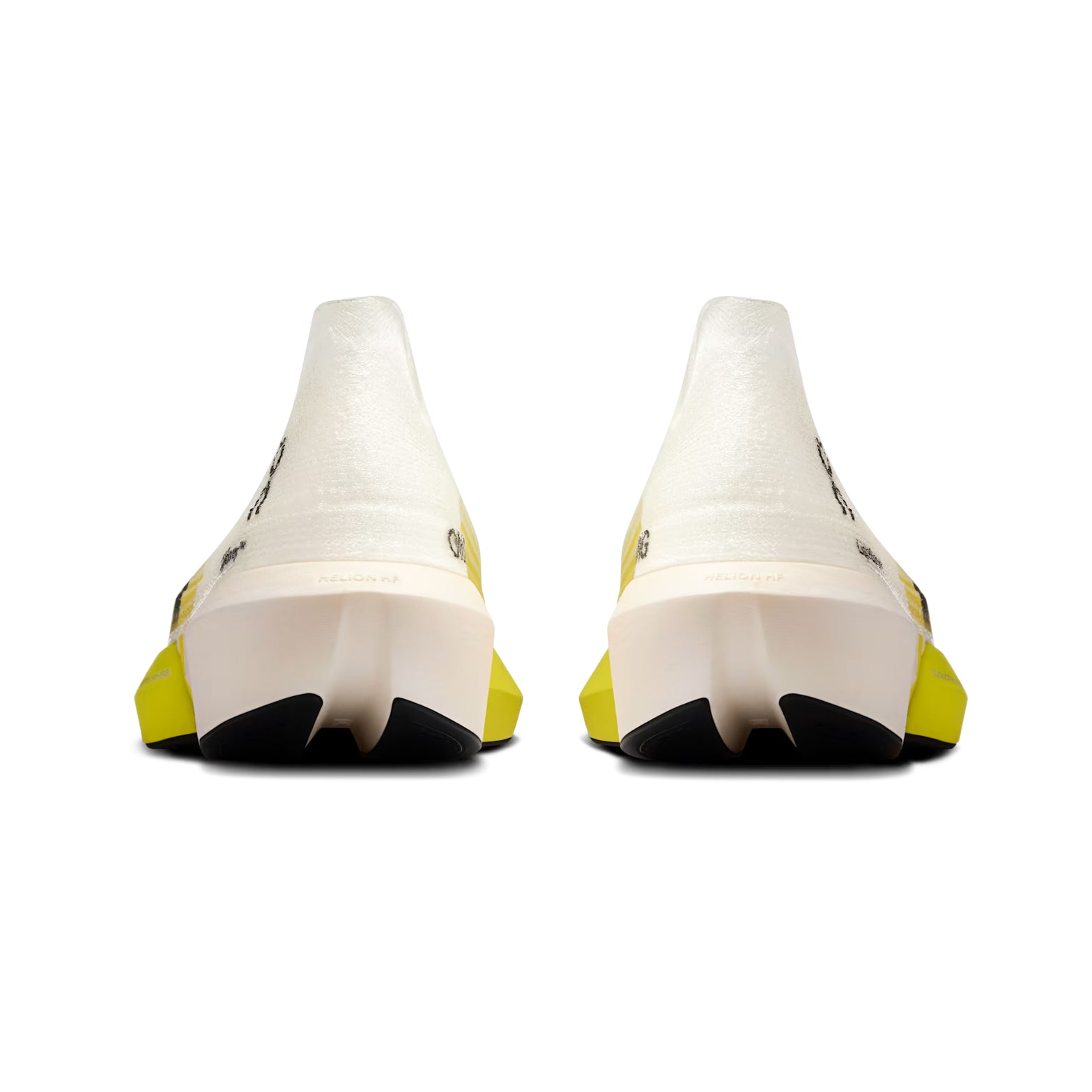 On LightSpray Cloudboom Strike 2 White Lime heel view showing Helion HF hyper foam with carbon Speedboard and CloudTec Sphere system for energy return and propulsion during race day
