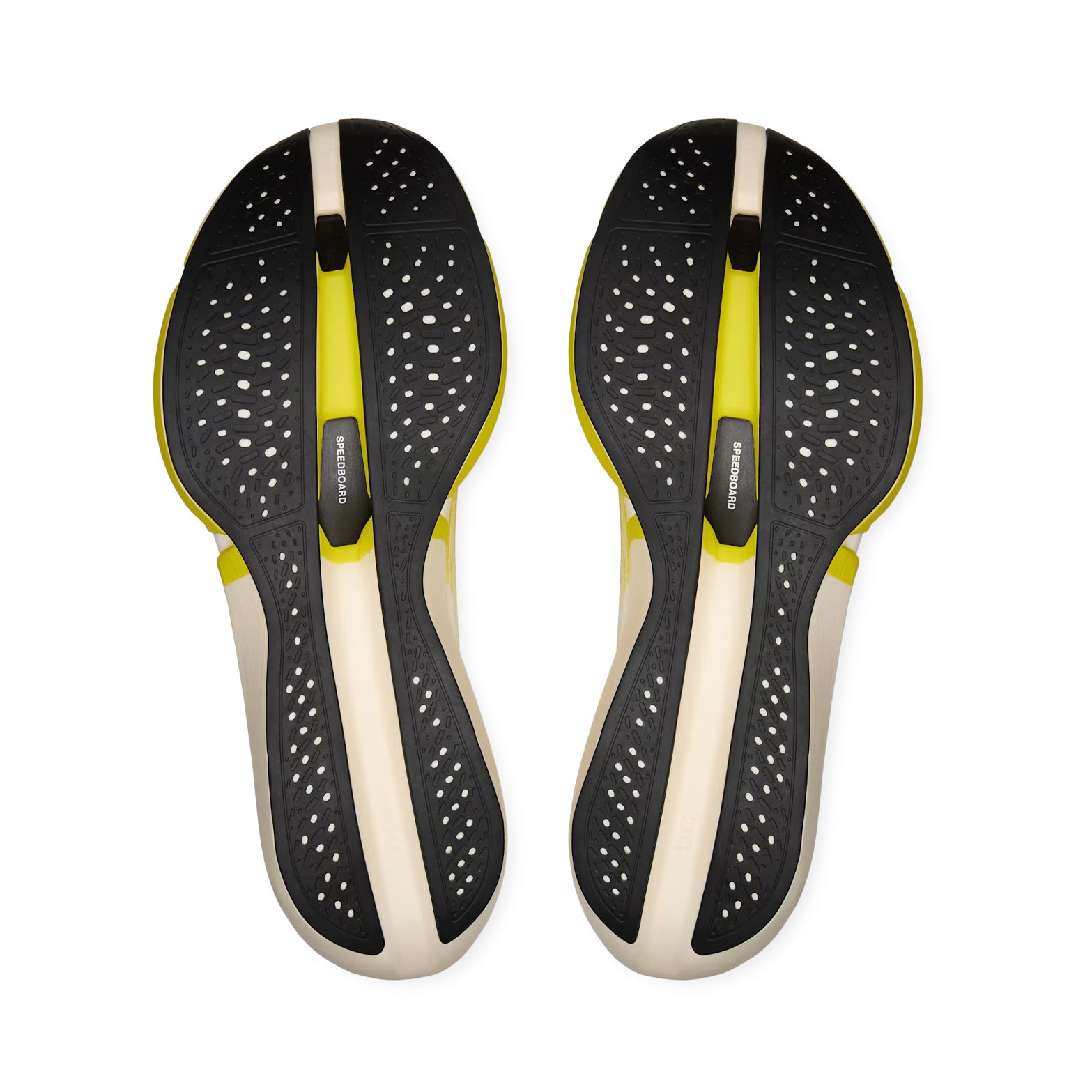On LightSpray Cloudboom Strike 2 White Lime sole view displaying high-grip rubber outsole with CloudTec Sphere cushioning system for confident traction during marathon and half-marathon racing