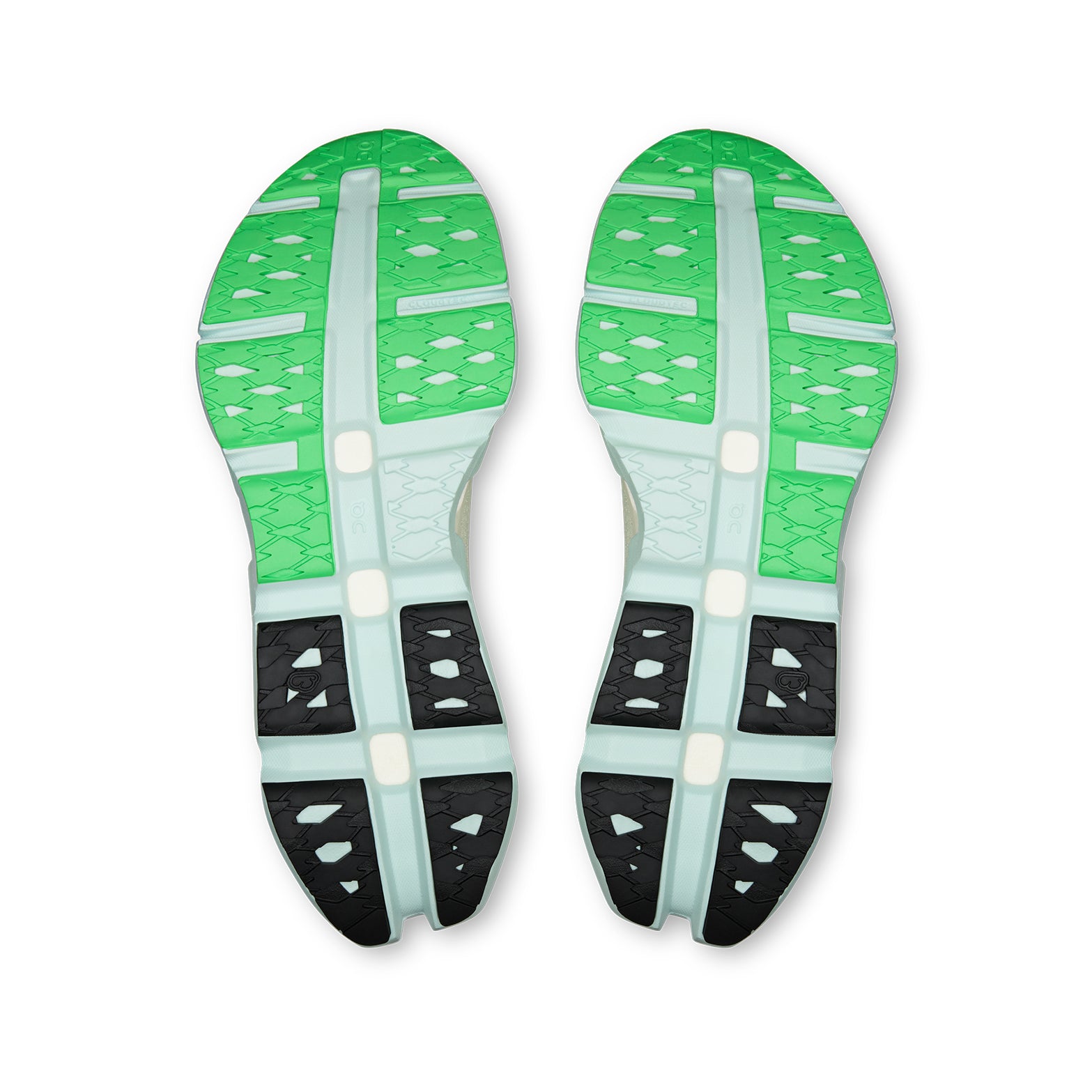 On Cloudmonster 3 Hyper LS Flurry Verdite sole view displaying CloudTec cushioning system with enhanced rocker shape for energetic push-offs during super trainer running